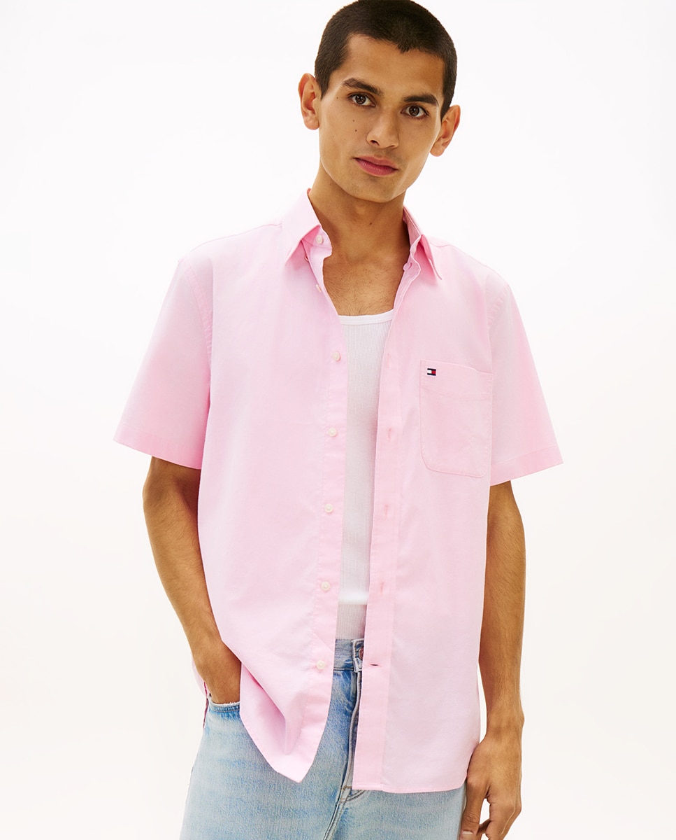 Camisa Oxford Lisa com Manga Curta Rosa-1