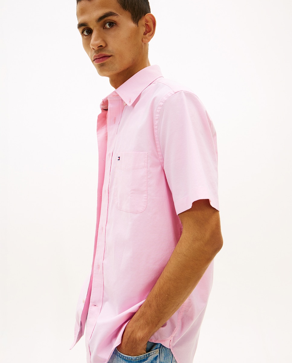 Camisa Oxford Lisa com Manga Curta Rosa-3
