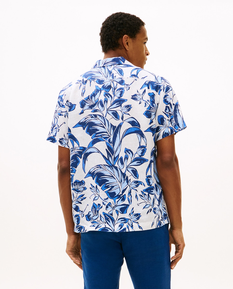 Camisa de Linho Estampada com Manga Curta Azul-2