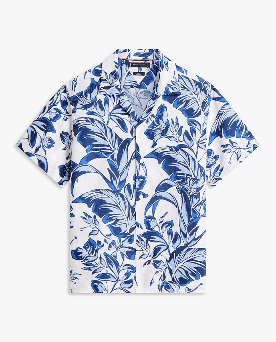 Camisa de Linho Estampada com Manga Curta Azul-4