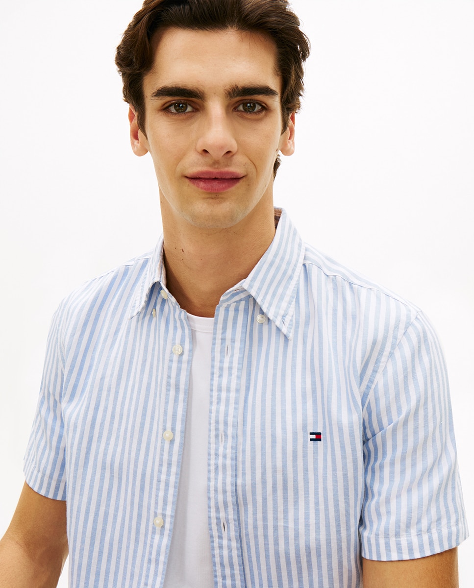 Camisa de Linho Estampada com Manga Curta Azul-claro-3