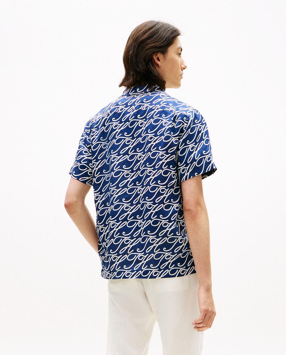 Camisa de Linho Estampada com Manga Curta Azul-marinho-2