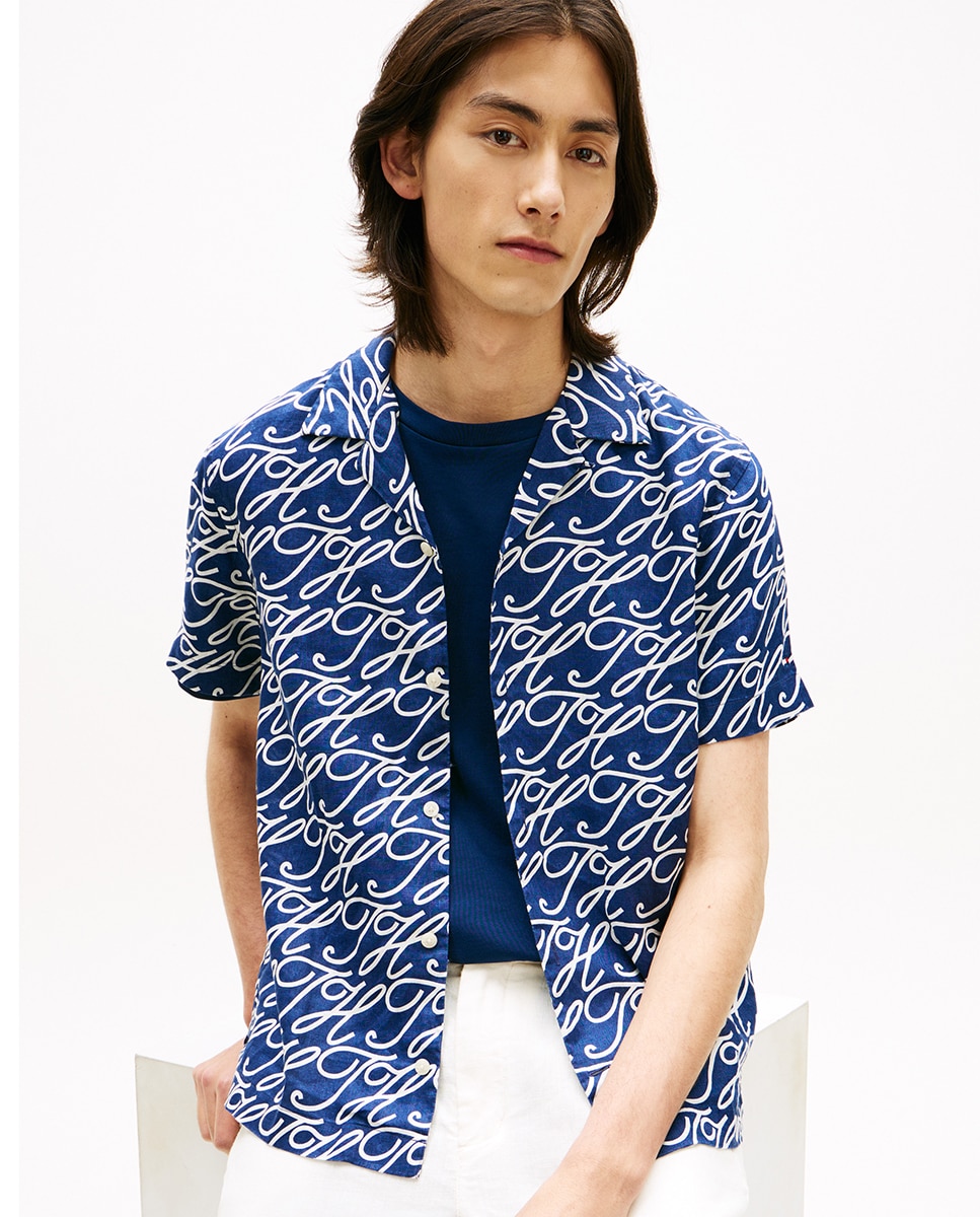 Camisa de Linho Estampada com Manga Curta Azul-marinho-3