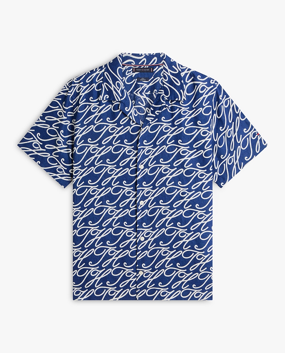 Camisa de Linho Estampada com Manga Curta Azul-marinho-4