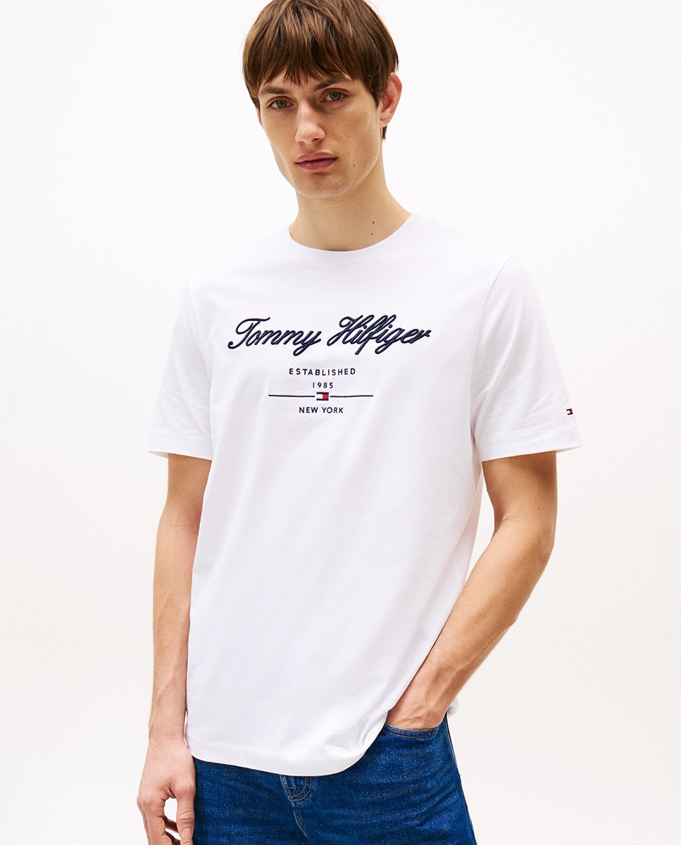 Tommy Hilfiger - Camiseta de hombre de manga corta de algodón con logo frontal bordado.