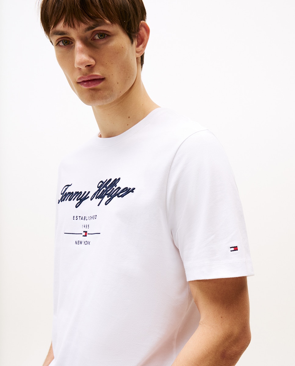T-shirt de Manga Curta de Algodão com Logótipo Bordado à Frente Branco-3
