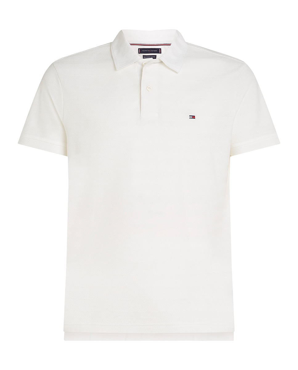 Polo de Manga Curta com Padrão Espinha de Peixe Branco-1