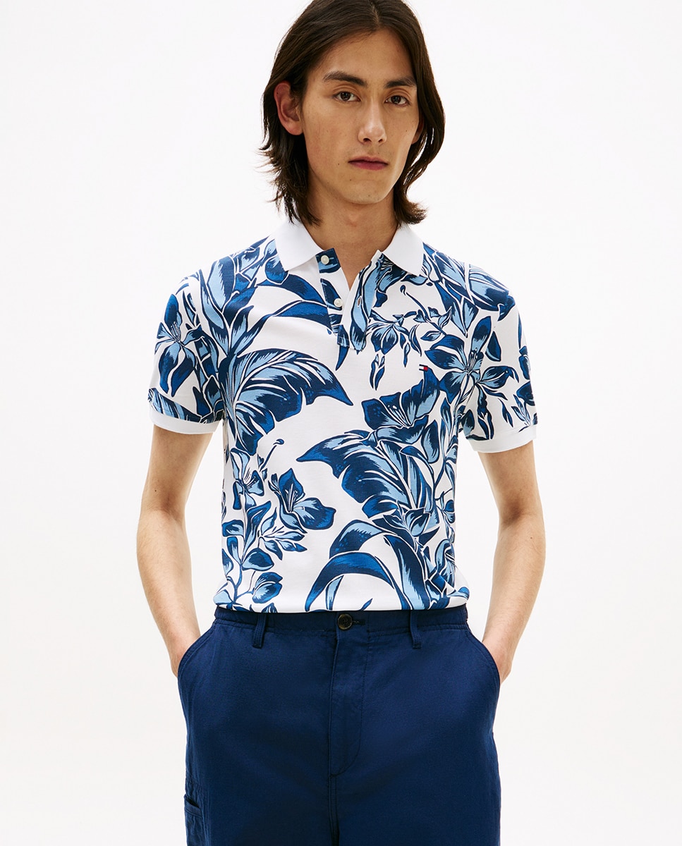 Polo de Manga Curta com Estampado Azul-1