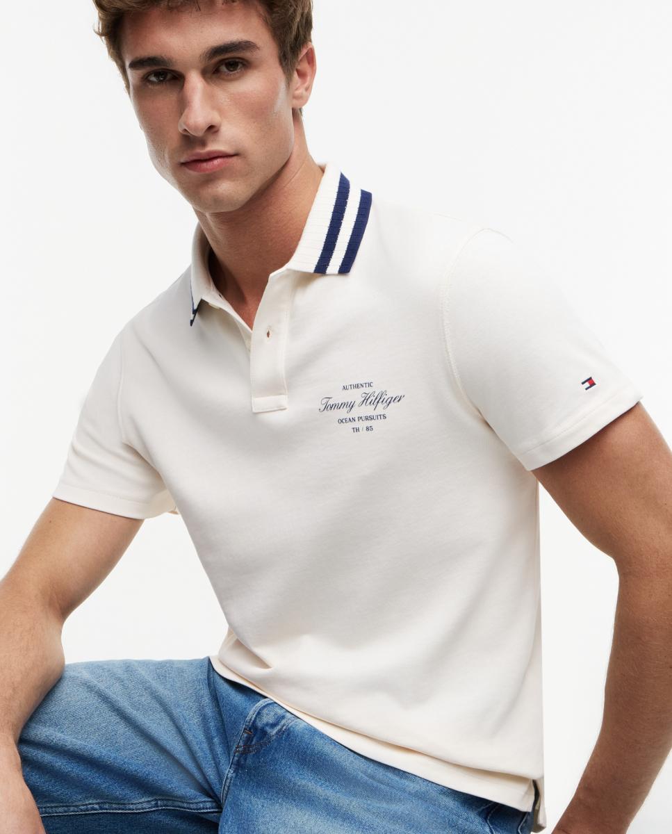 Polo com Colarinho em Contraste e Branding Bordado Branco-marfim-3