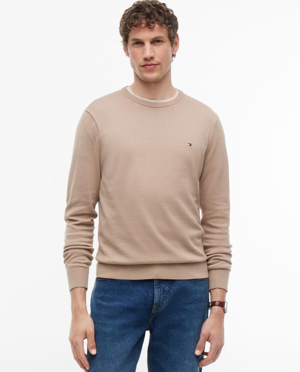 Camisola de Malha Lisa com Gola Redonda Bege-1