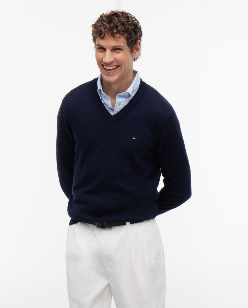 Jersey de caballero con cuello pico liso - Tommy Hilfiger - Azul marino Azul marino-1
