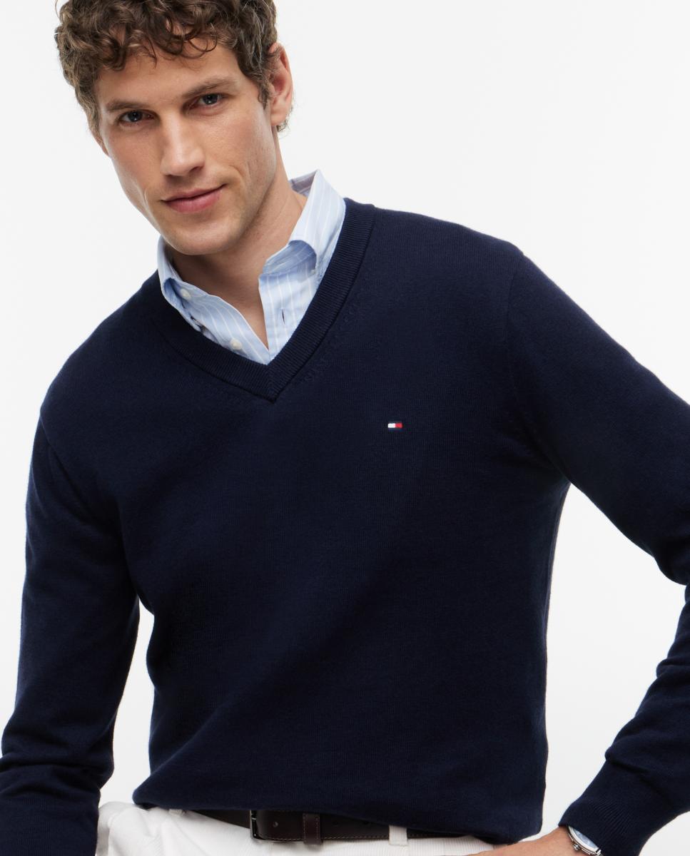 Jersey de caballero con cuello pico liso - Tommy Hilfiger - Azul marino Azul marino-3