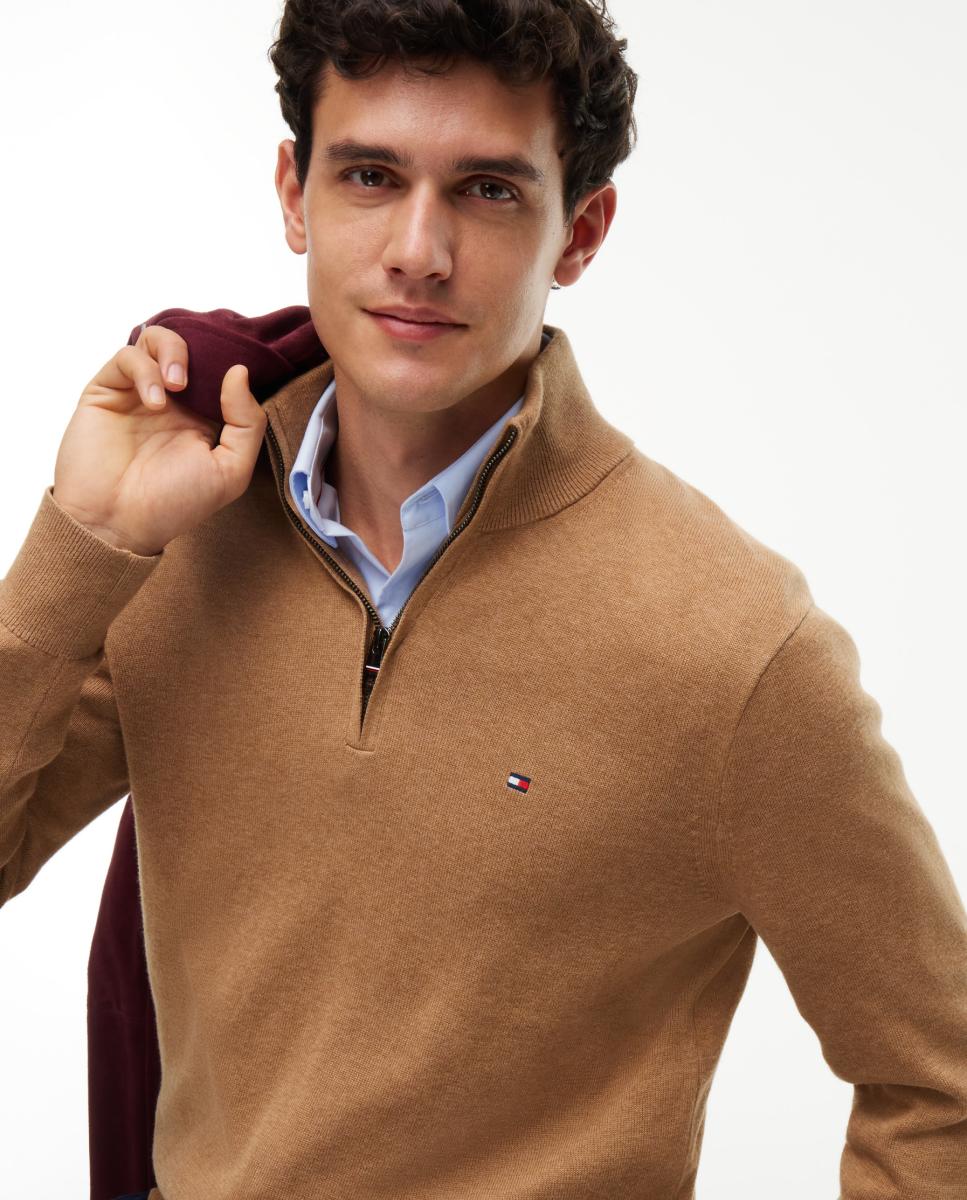 Jersey de caballero con cierre de media cremallera liso - Tommy Hilfiger - Beige Beige-3
