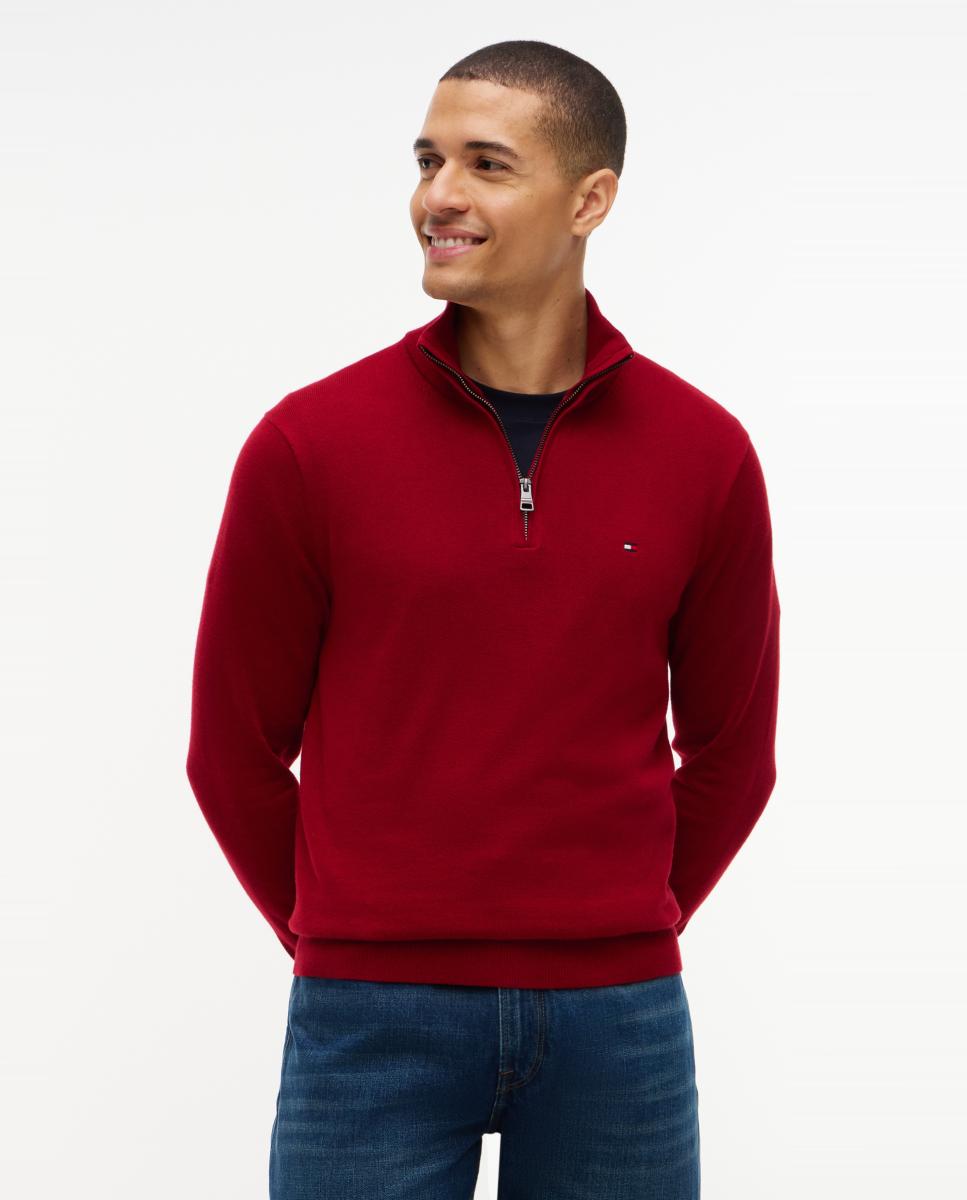 Jersey de caballero con cierre de media cremallera liso - Tommy Hilfiger - Rojo Rojo-1