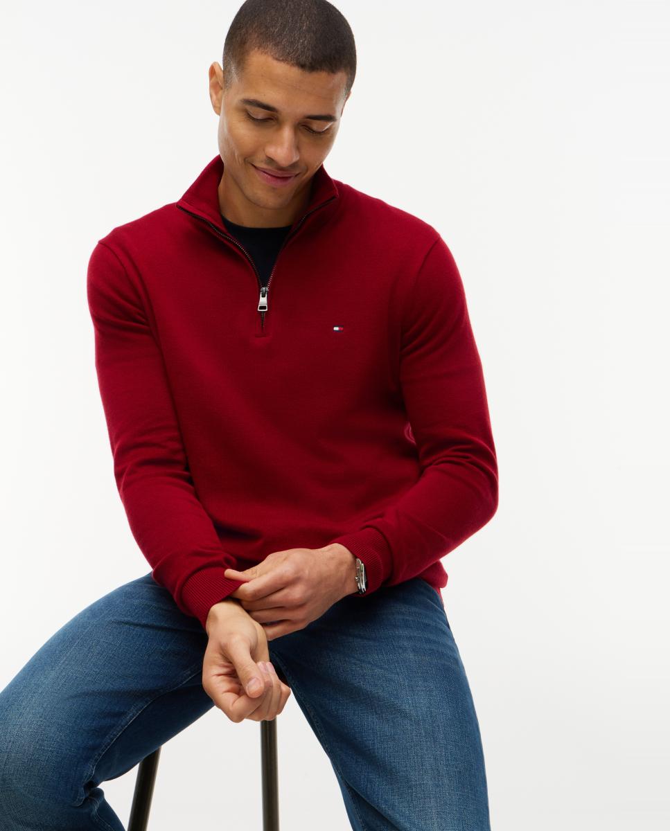 Jersey de caballero con cierre de media cremallera liso - Tommy Hilfiger - Rojo Rojo-3