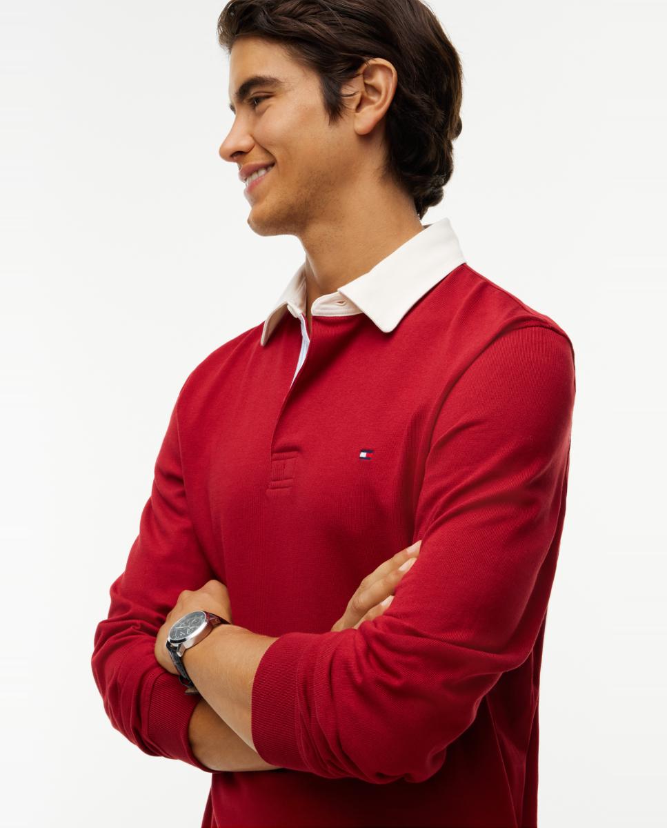 Sweatshirt Tipo Polo de Rugby Liso Vermelho-3