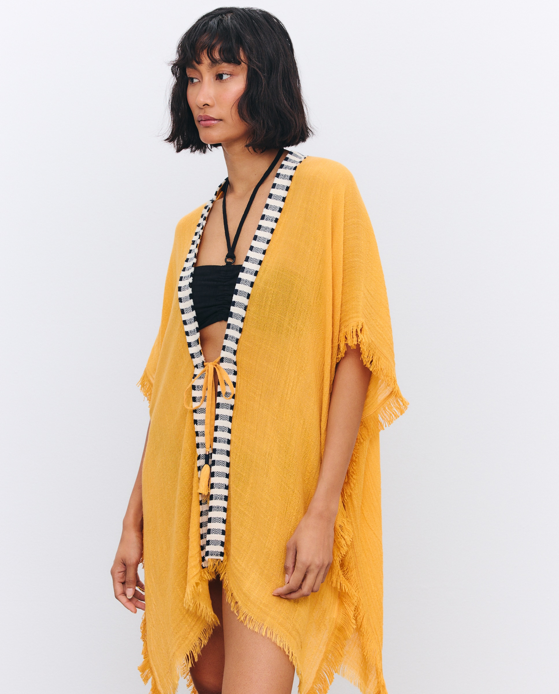 Kaftan Básico com Detalhe de Fita Mostarda-2