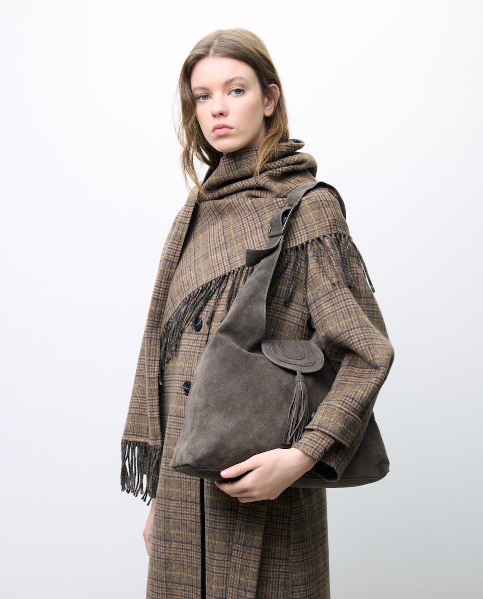 Mala de Ombro em Pele com Pompom Cinzento-escuro-5