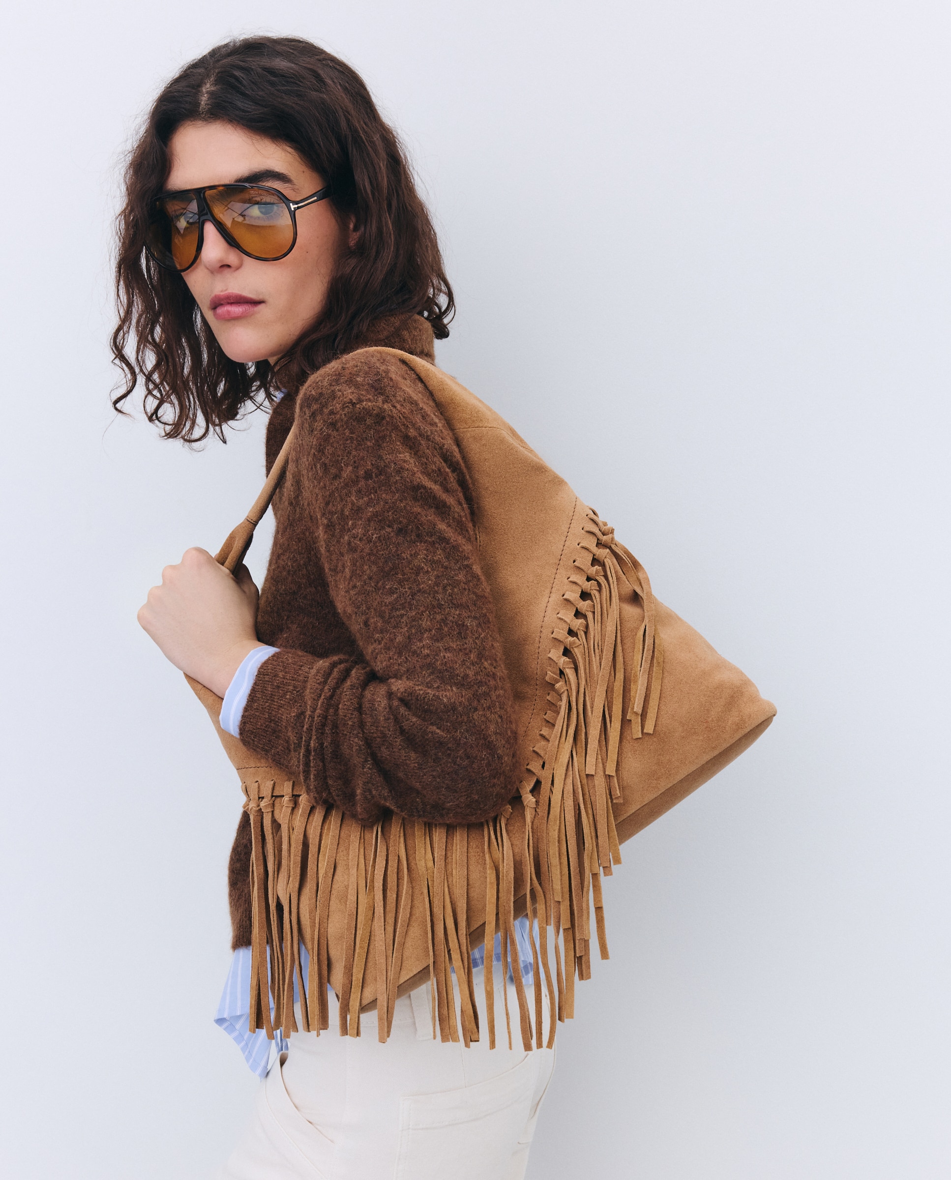 Mala Hobo em Pele com Franjas 730 Camel-6
