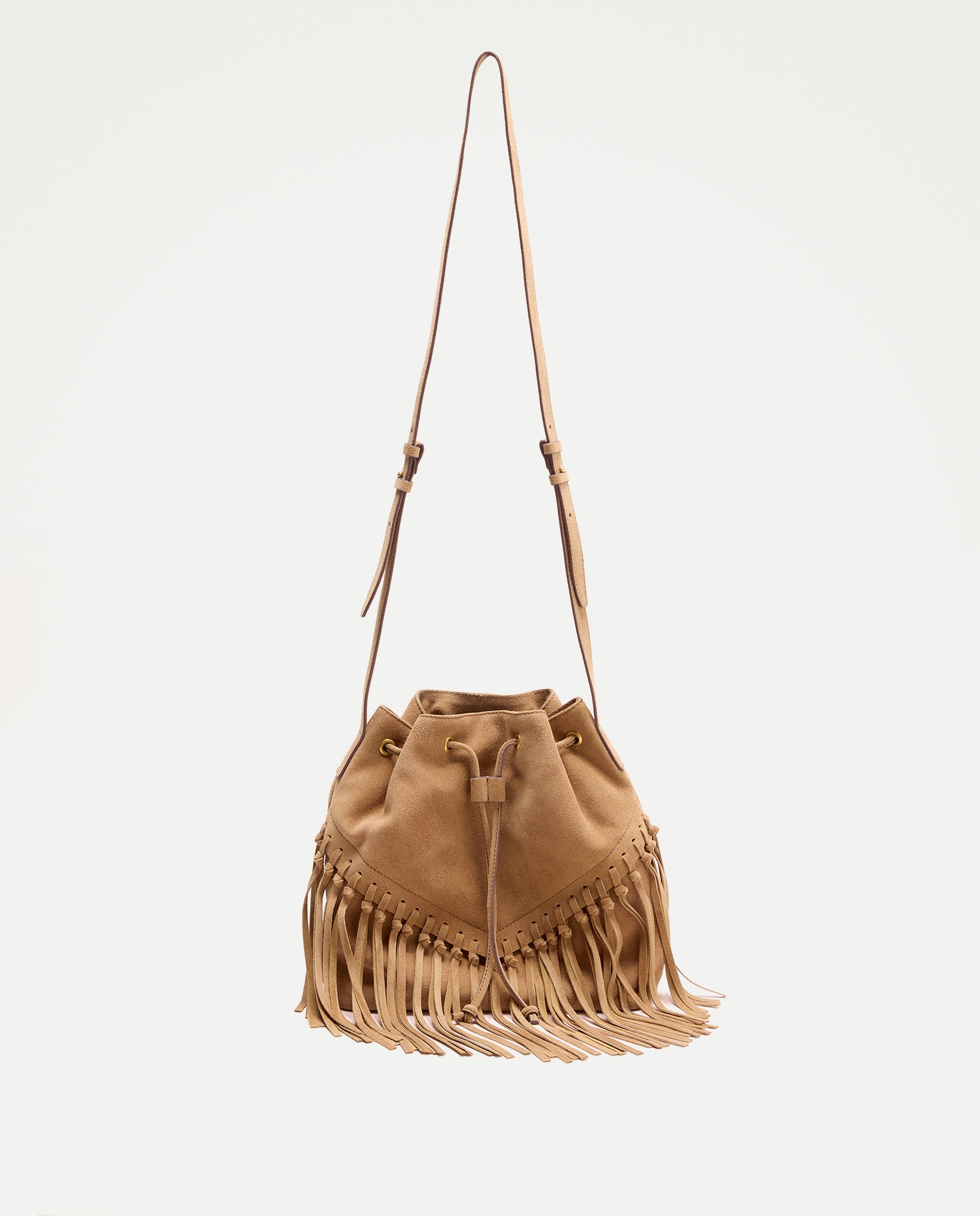 Mala Bucket em Pele com Franjas 730 Camel-1