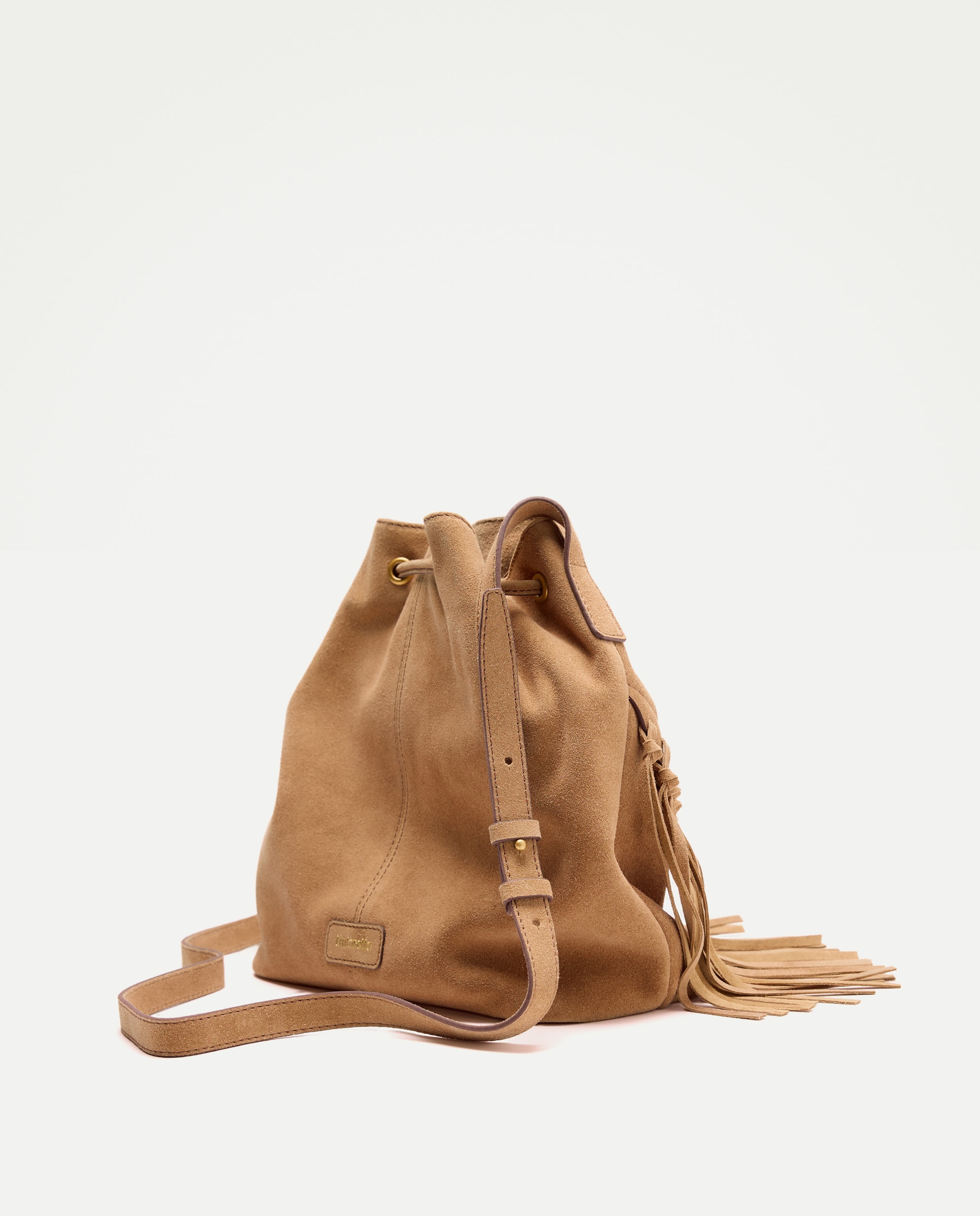 Mala Bucket em Pele com Franjas 730 Camel-2