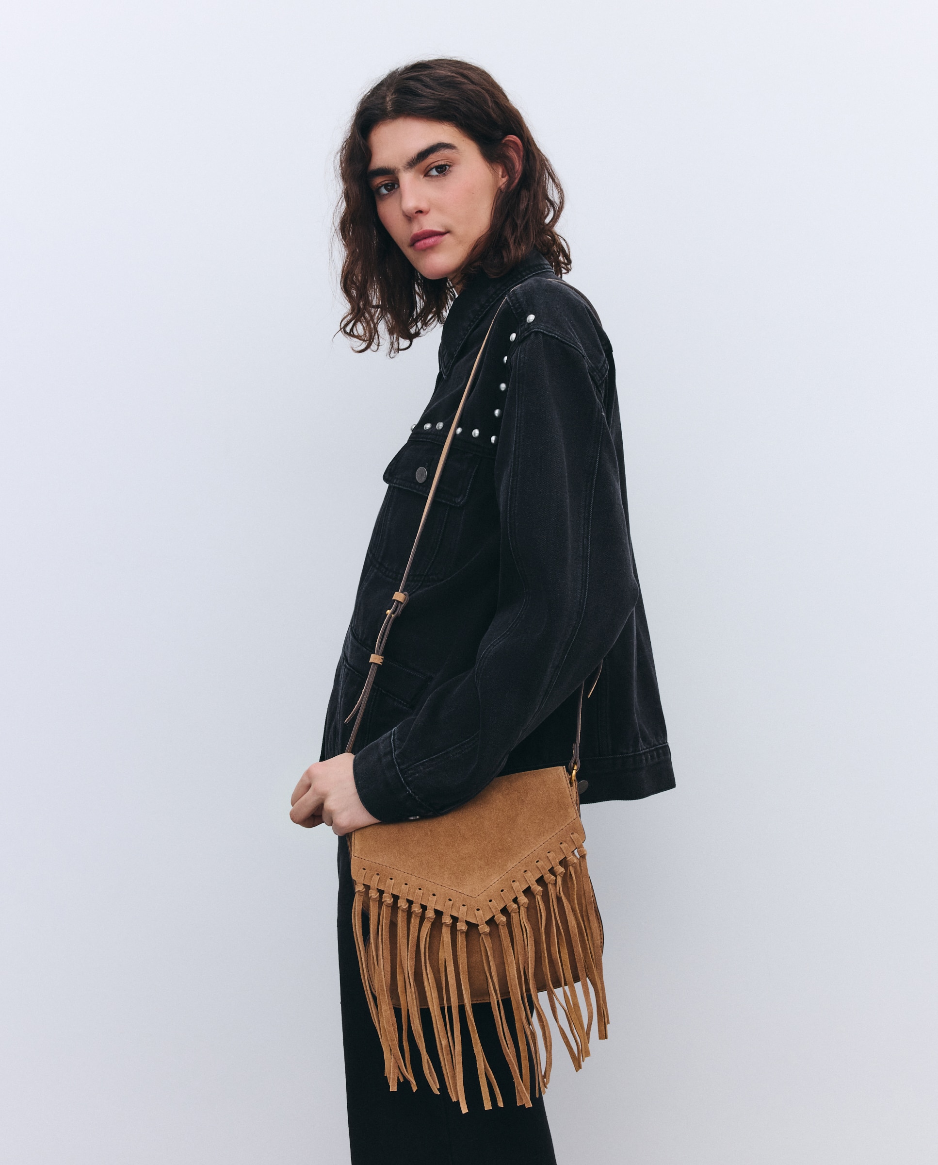 Mala a Tiracolo em Pele com Franjas 730 Camel-6