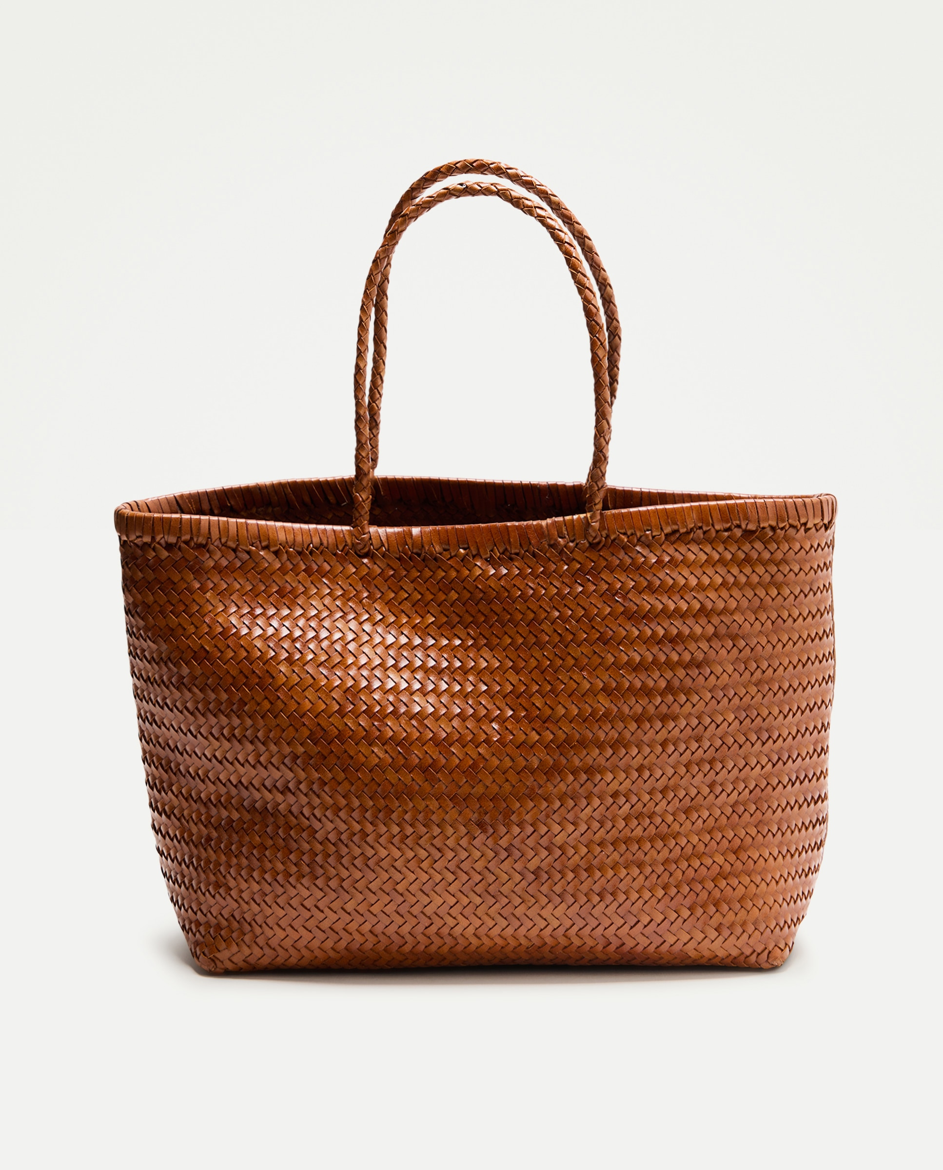 Mala Shopper em Pele com Entrançado Manual 730 Camel-1