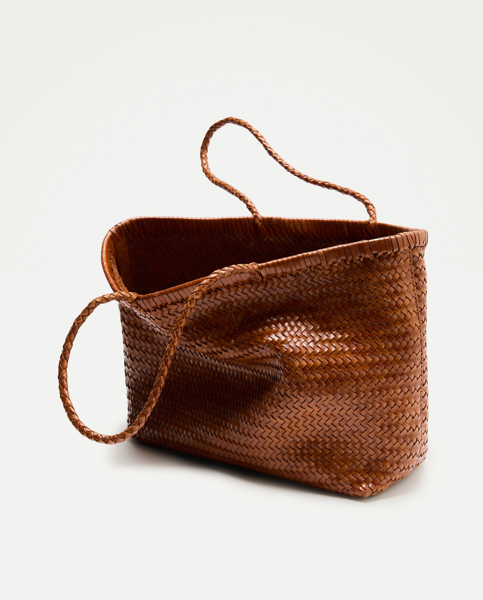 Mala Shopper em Pele com Entrançado Manual 730 Camel-2