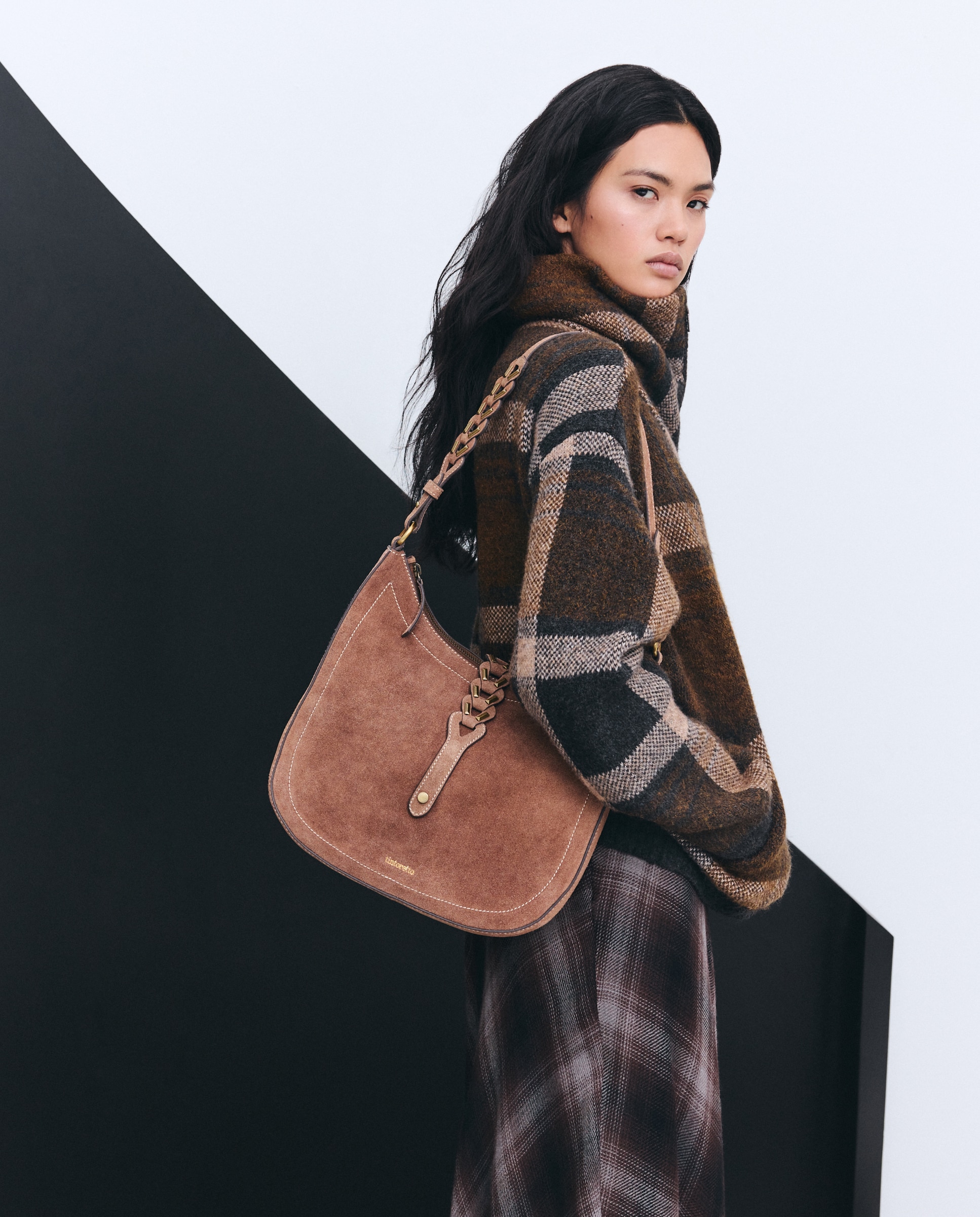 Mala Hobo em Pele com Fio em Contraste Castanho-5