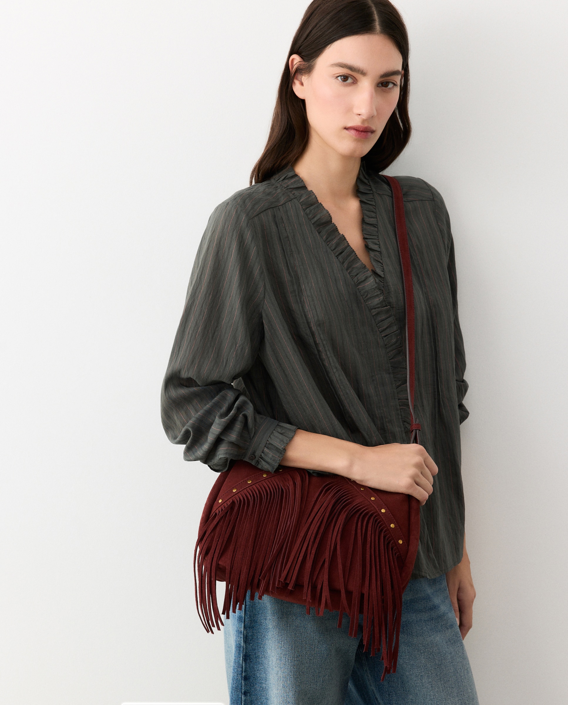 Bolso de hombro mediano de piel con flecos - Tintoretto - Burdeos Burdeos-5
