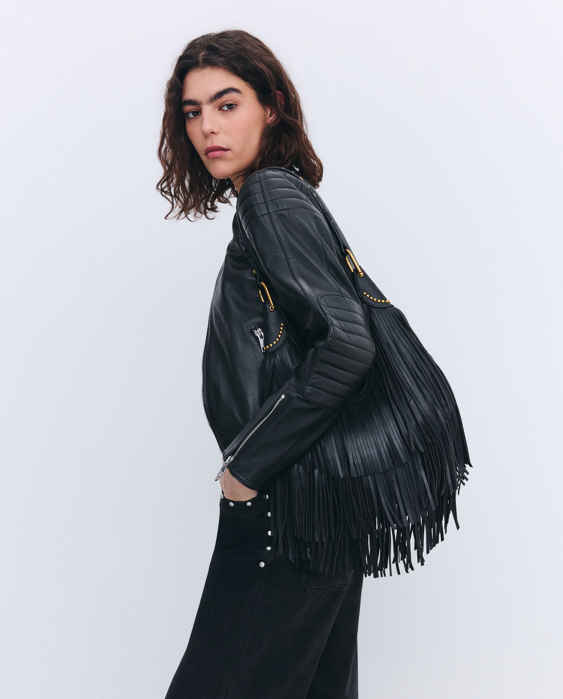 Mala de Ombro Média com Franjas Preto-3