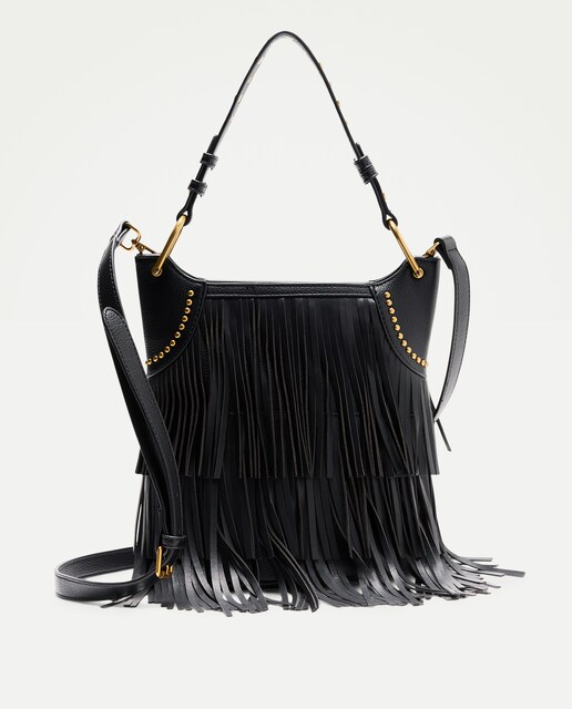 Bolso bucket con flecos y asa larga