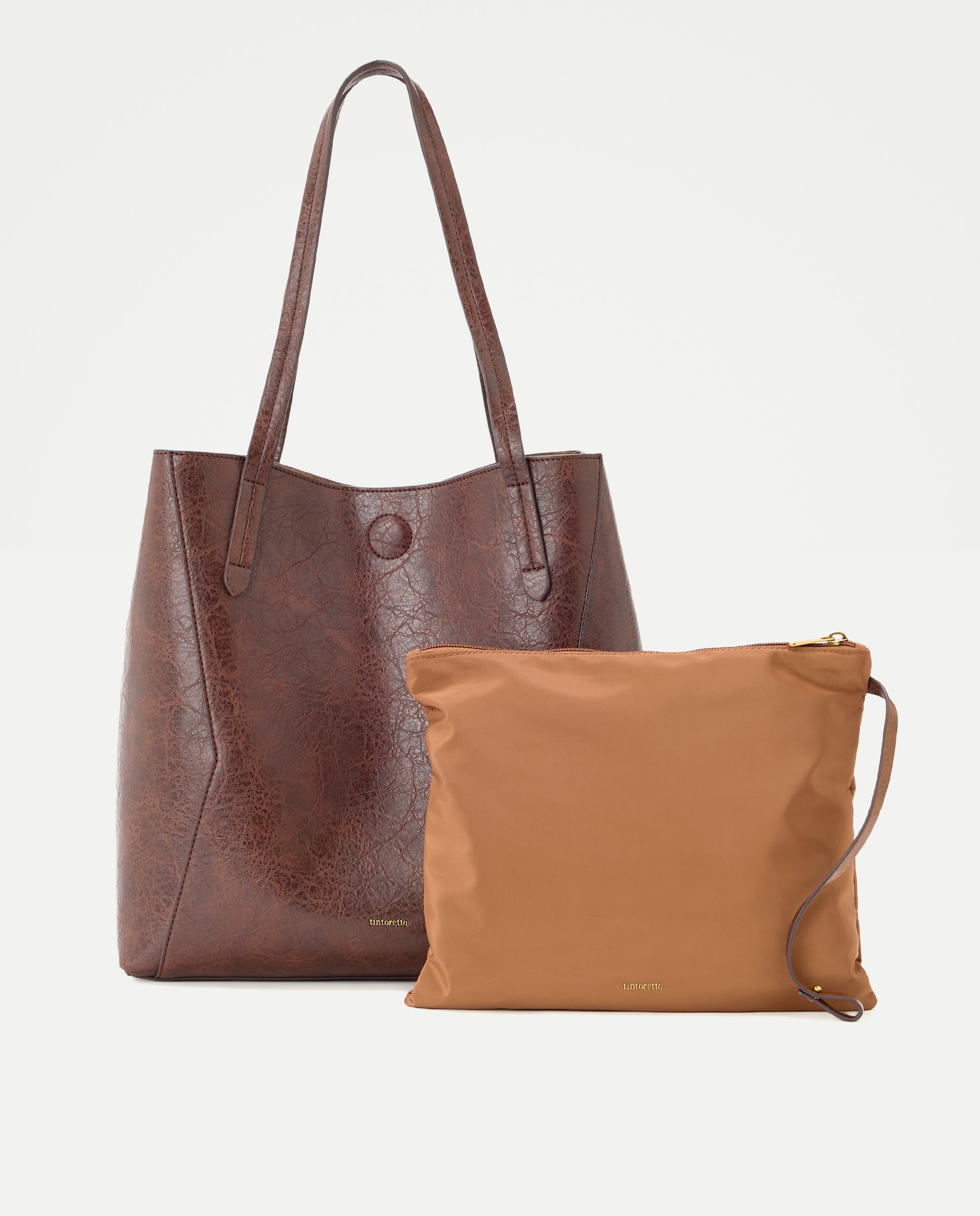 Mala Shopper com Efeito de Pele Bicolor Castanho-3