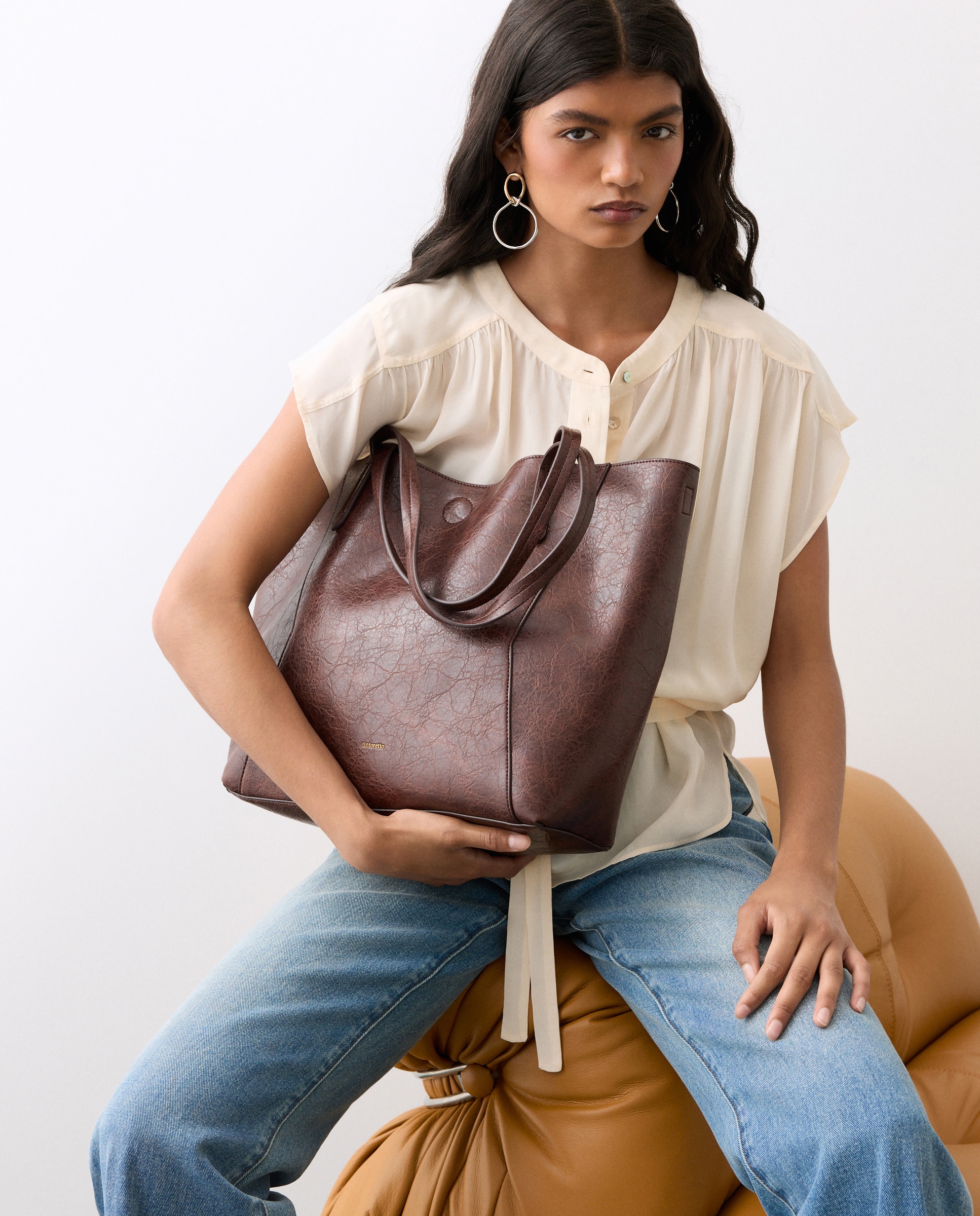 Mala Shopper com Efeito de Pele Bicolor Castanho-6