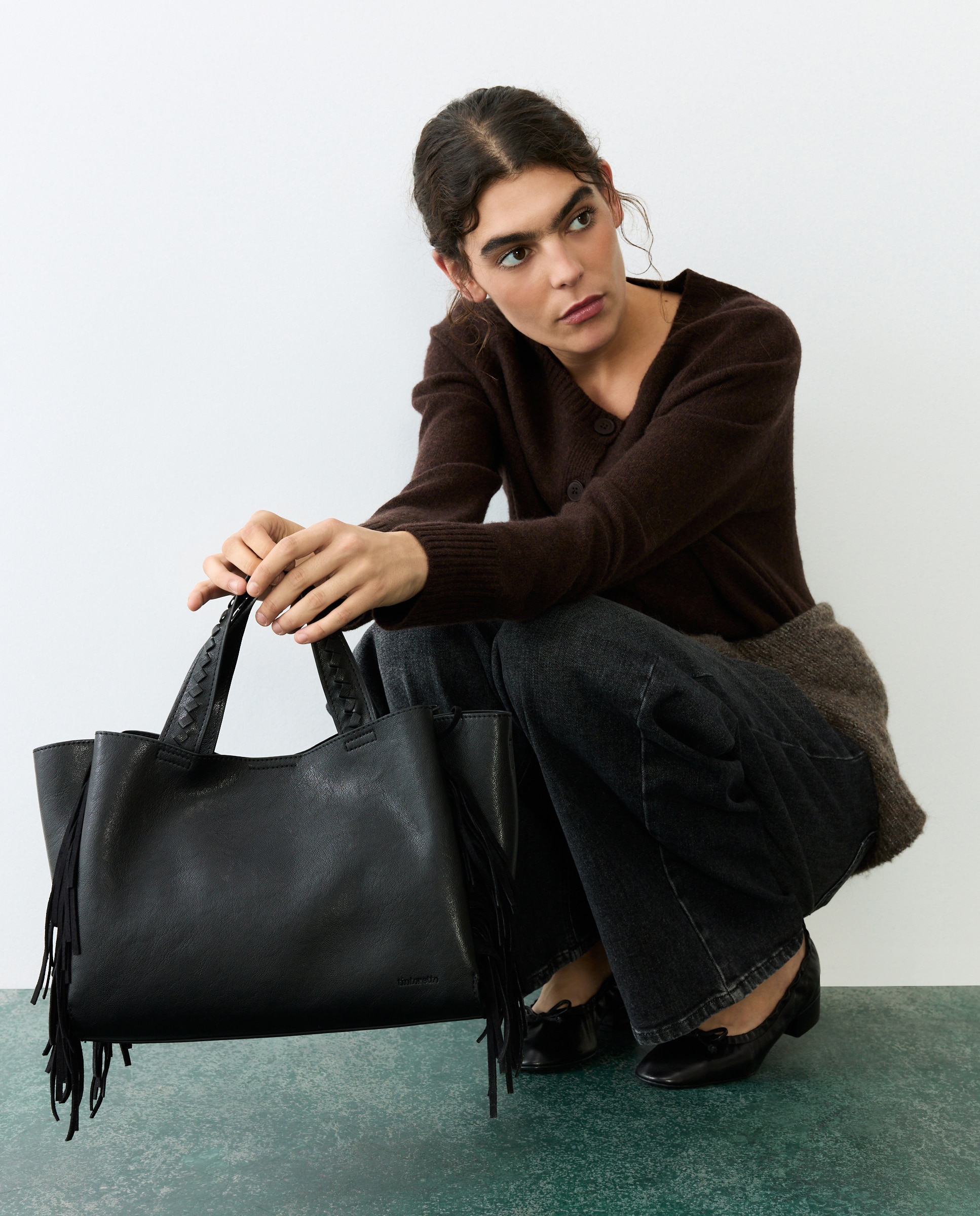 Bolso shopper con flecos y asa extraible - Tintoretto - Negro Negro-5