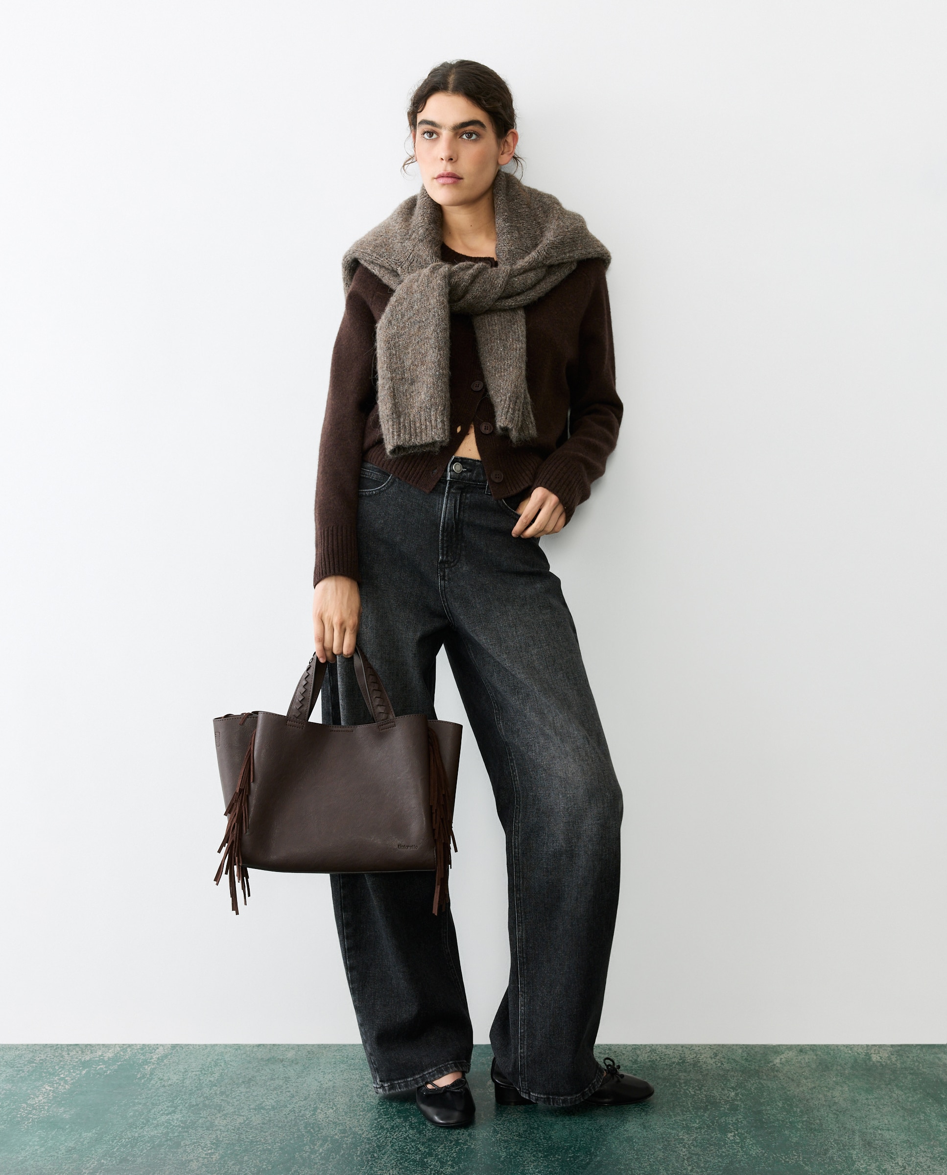 Bolso shopper con flecos y asa extraible - Tintoretto - Chocolate Chocolate-6
