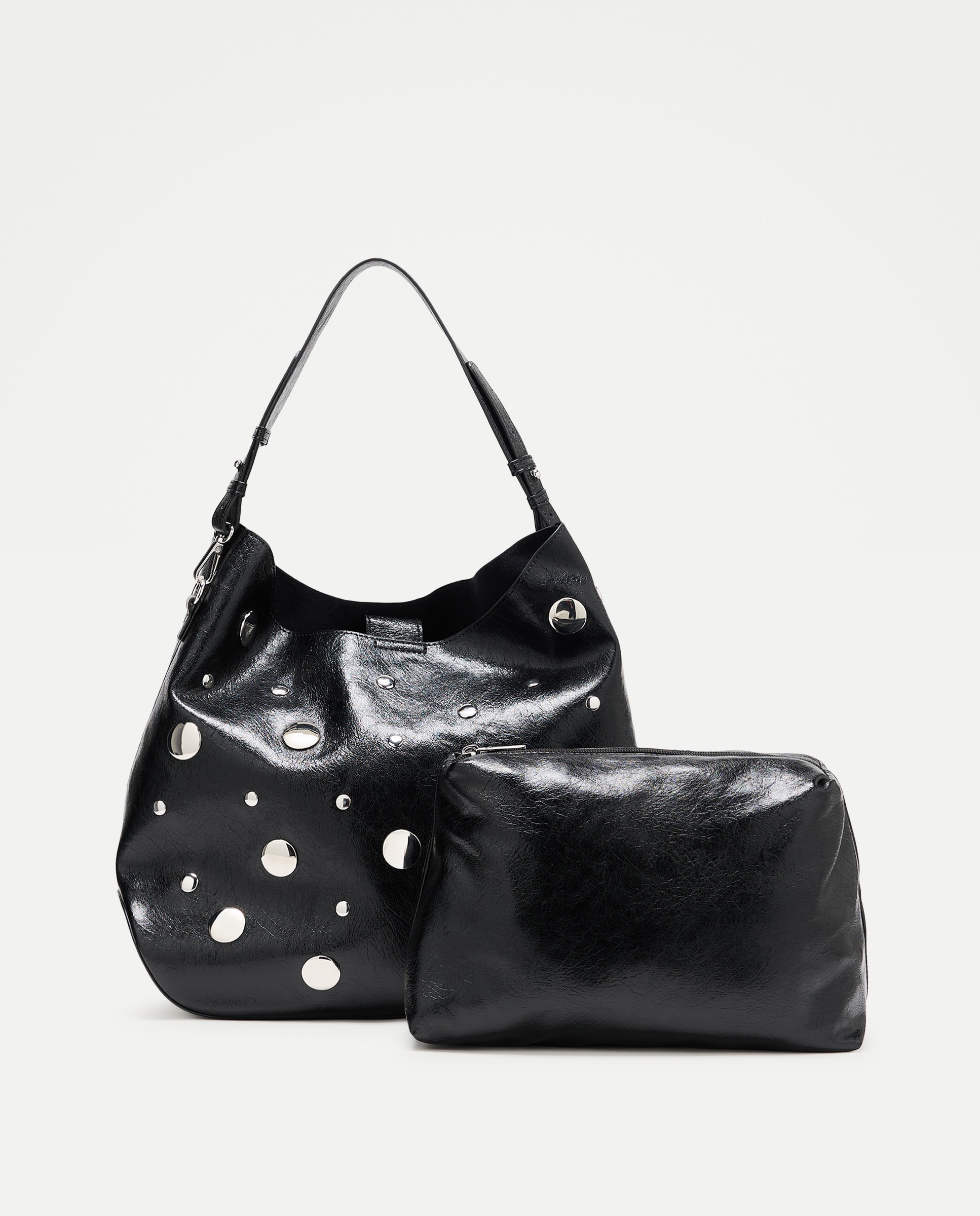 Mala de Ombro com Efeito de Pele e Tachas Preto-3