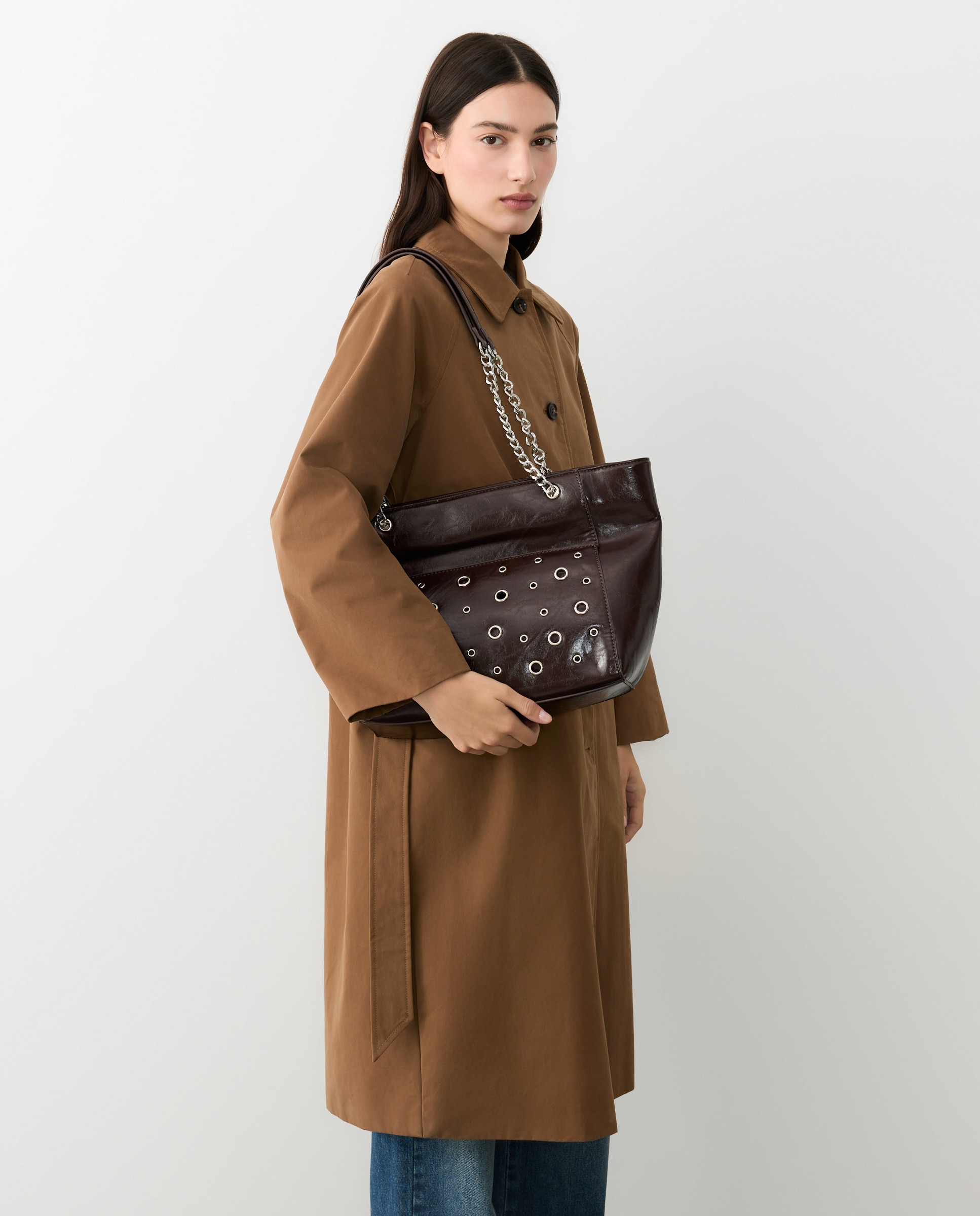 Bolso shopper con hoyados y cadenas - Tintoretto - Marrón Marrón-5