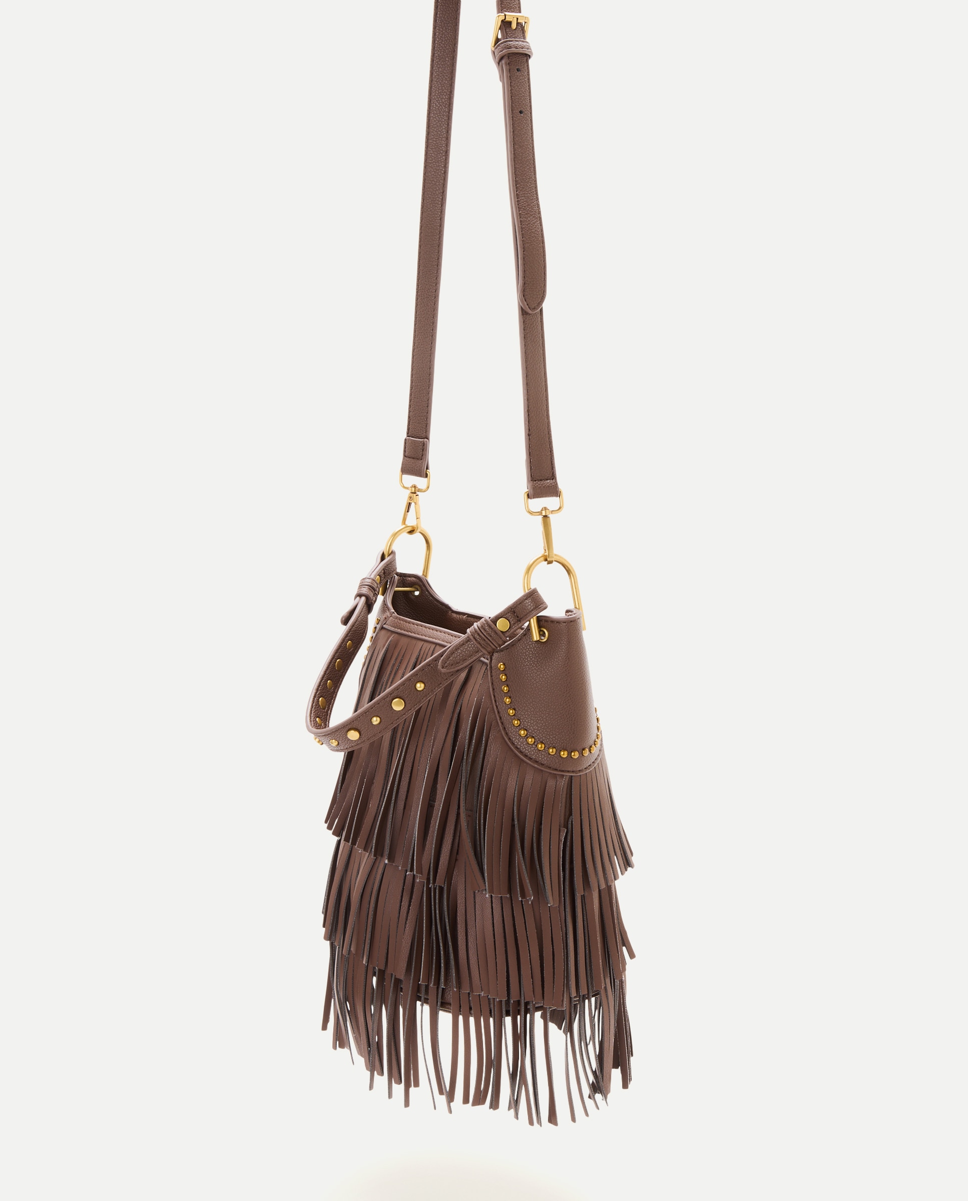 Mala Bucket de Franjas com Alça Amovível e Efeito de Pele Chocolate-3