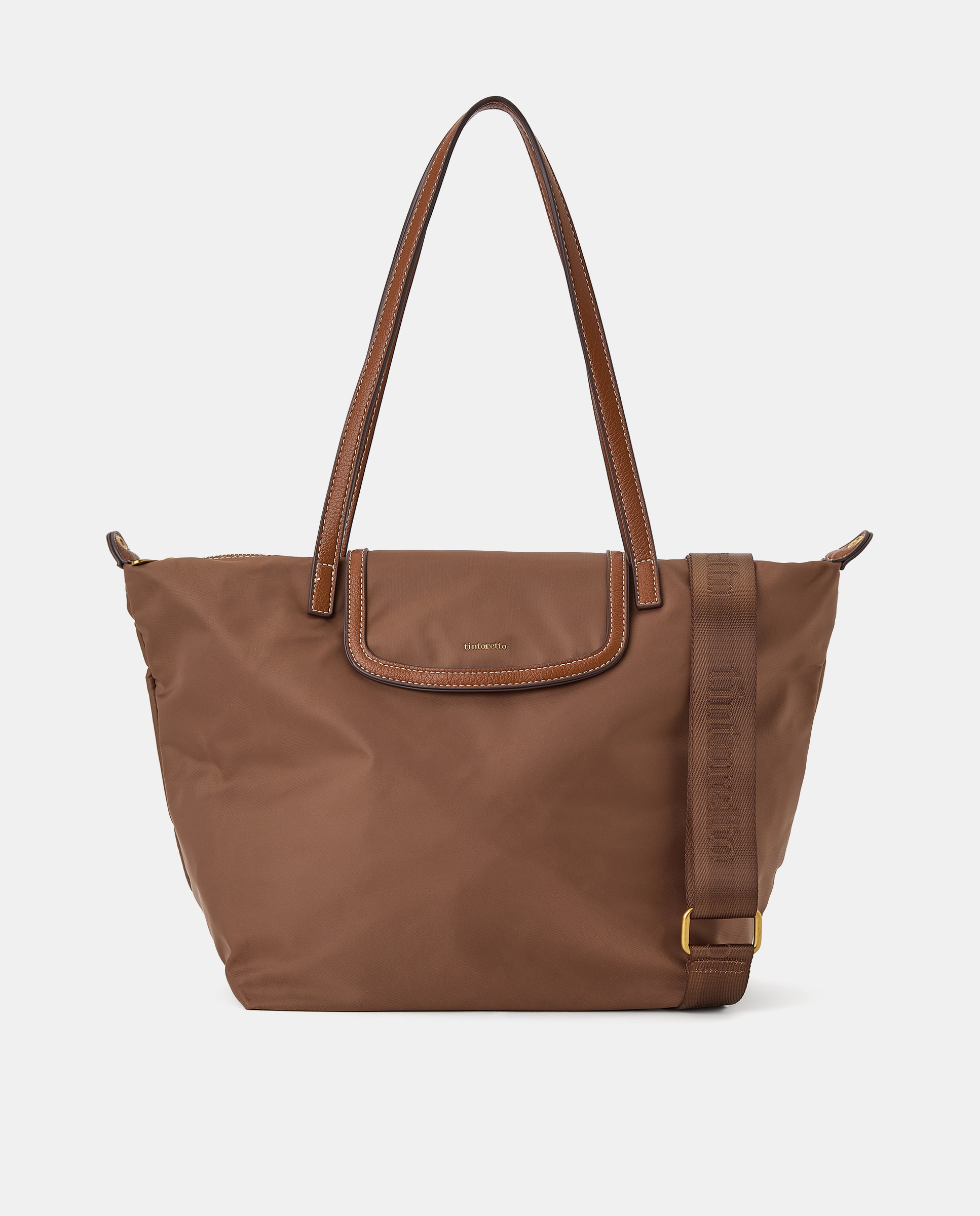 Mala Shopper de Nylon com Alça Amovível Castanho-1