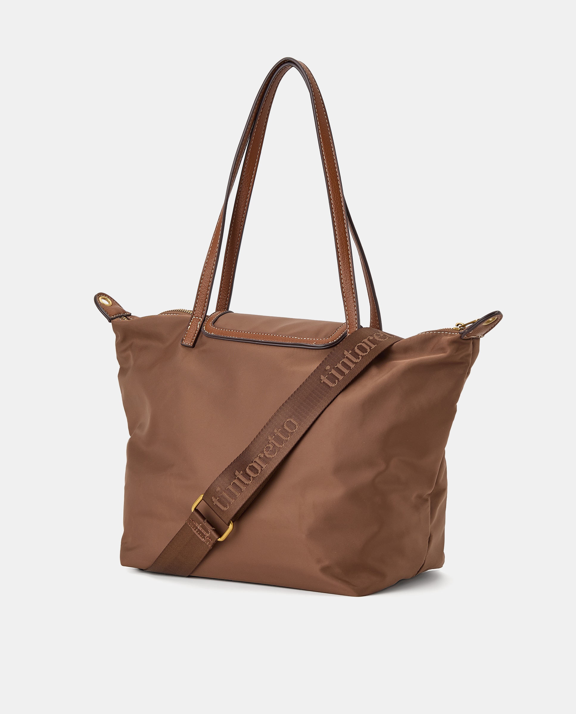 Mala Shopper de Nylon com Alça Amovível Castanho-2