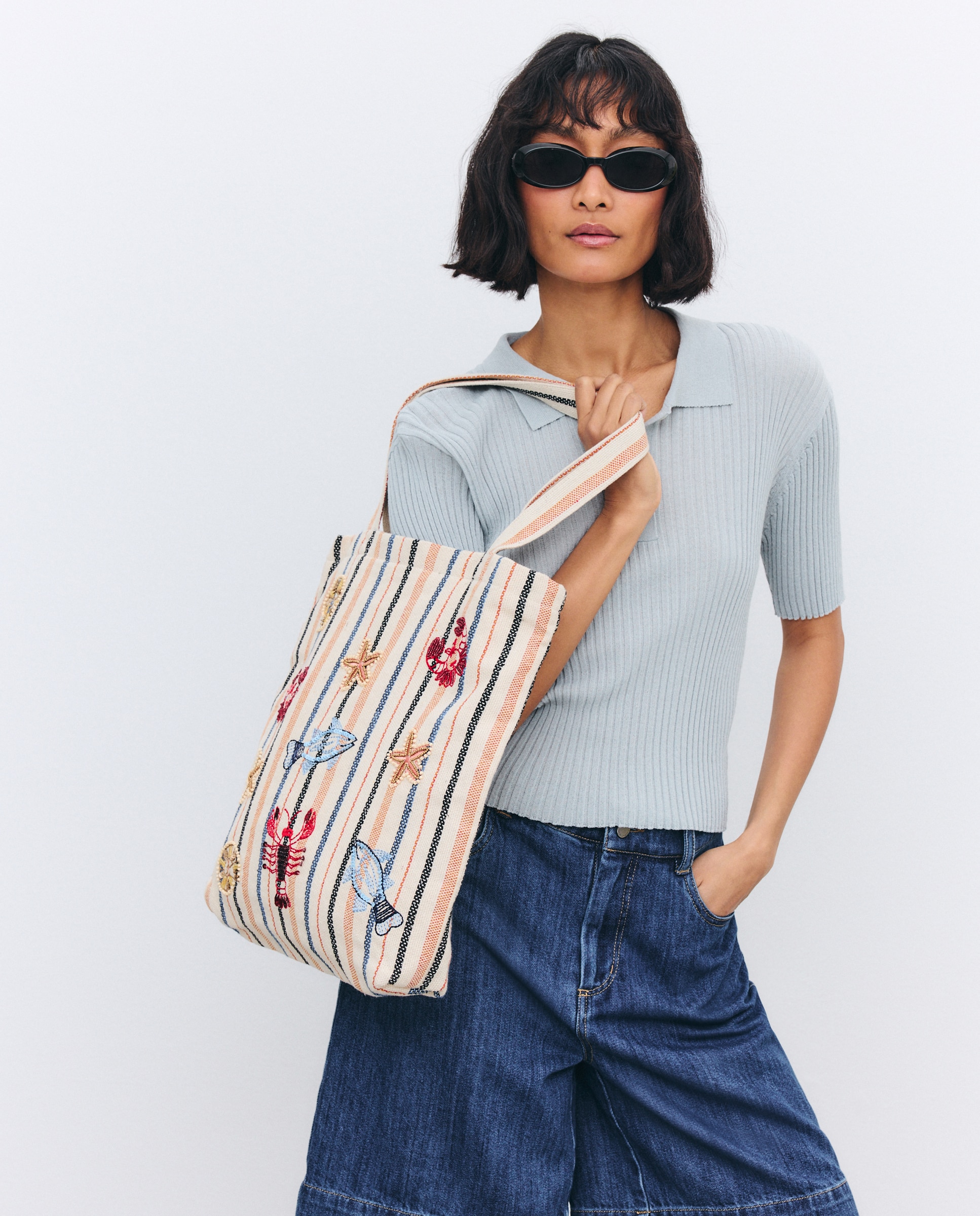 Mala Tipo Tote com Bordados do Mar Branco-marfim-5
