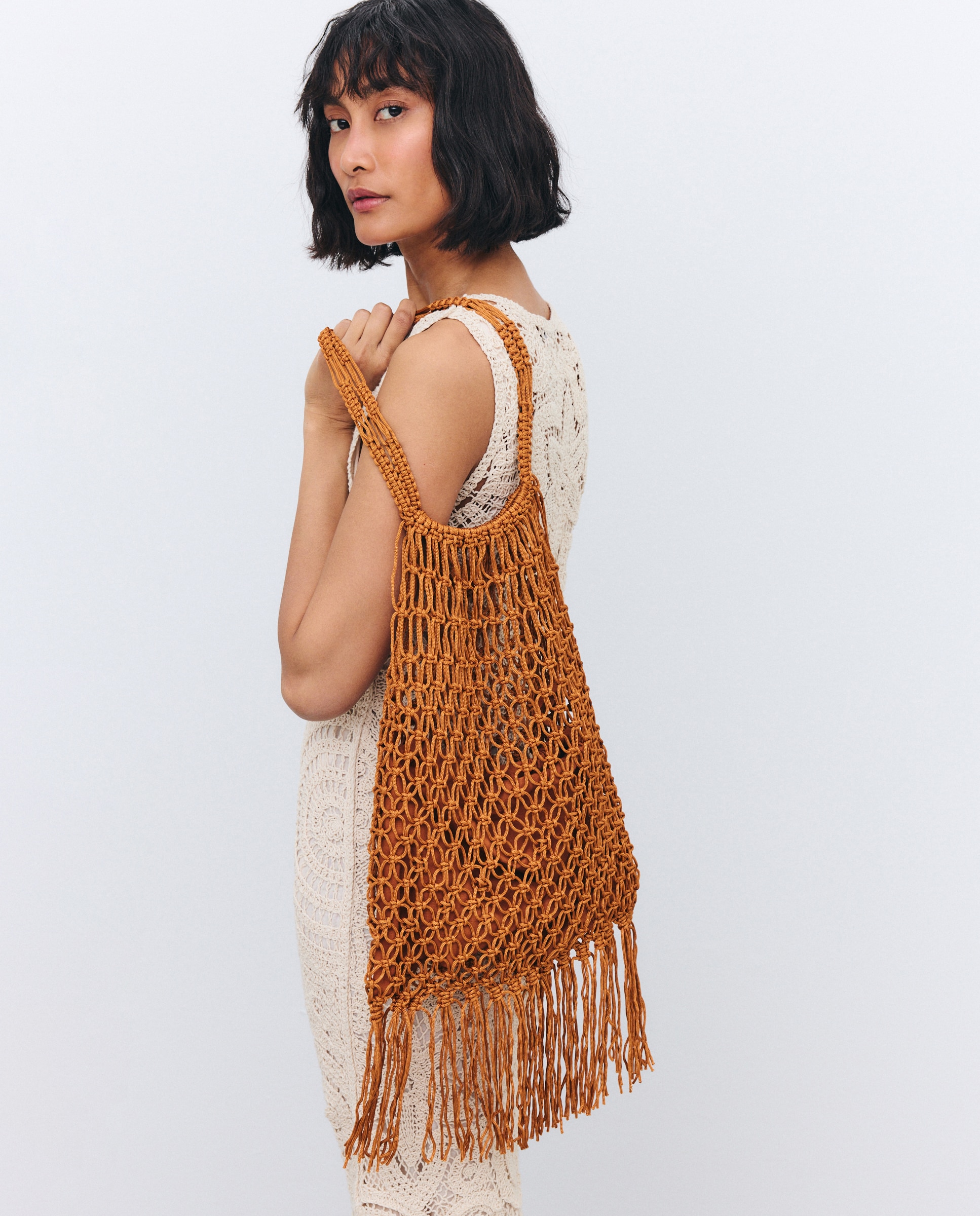 Mala Shopper de Rede com Franjas Castanho-6