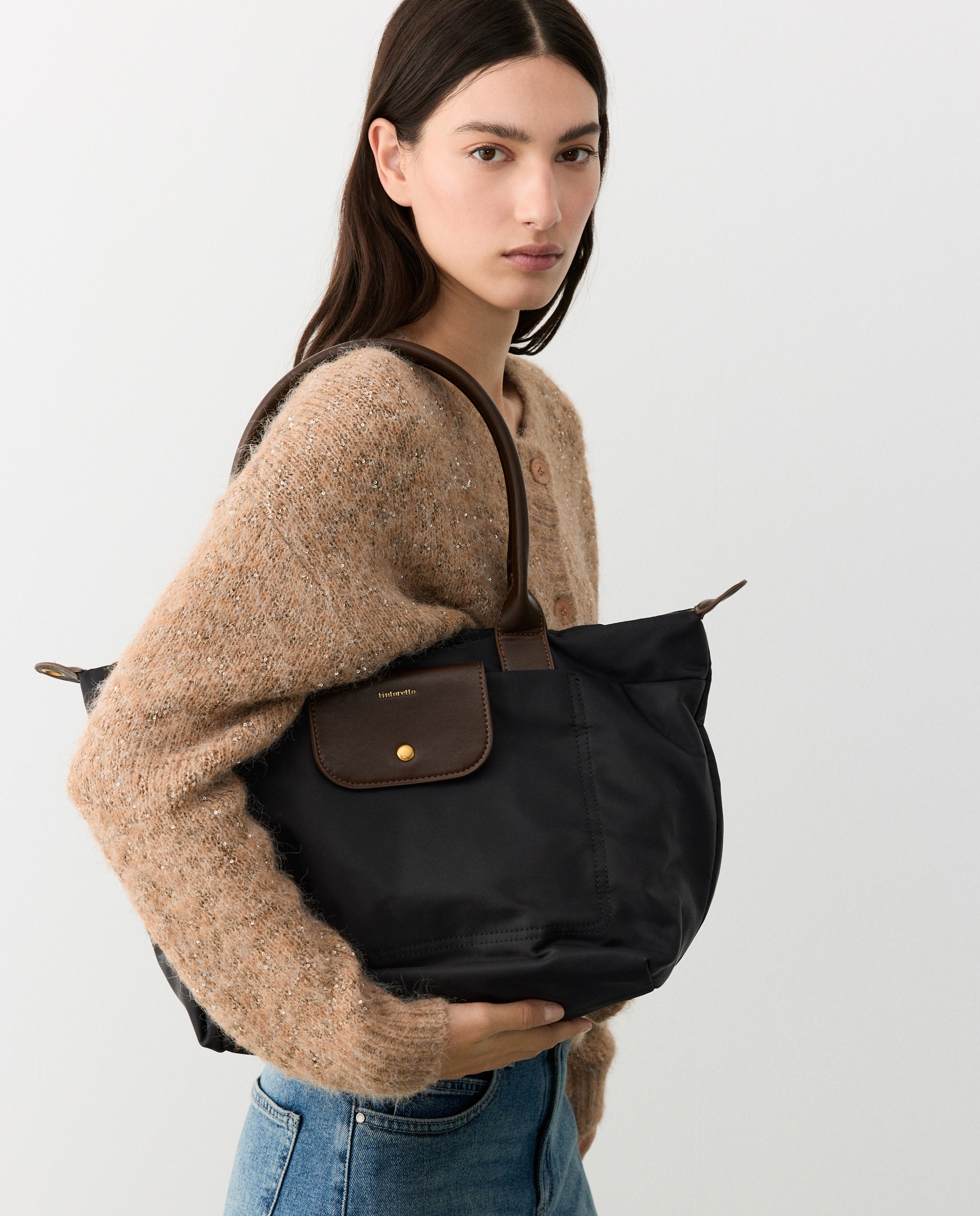 Bolso shopper de nylon con bolsillos y asa extraible - Tintoretto - Negro Negro-5