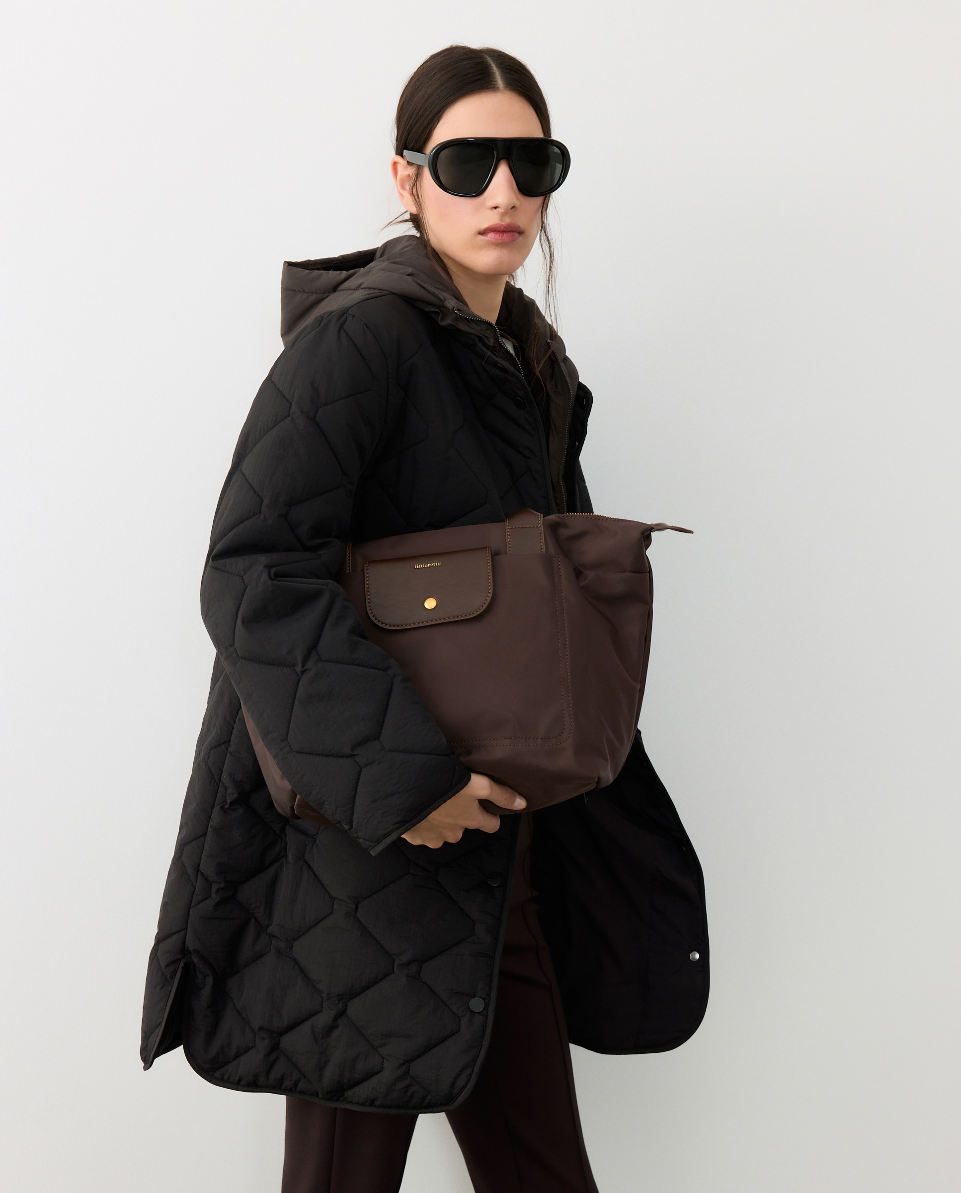 Bolso shopper de nylon con bolsillos y asa extraible - Tintoretto - Chocolate Chocolate-5