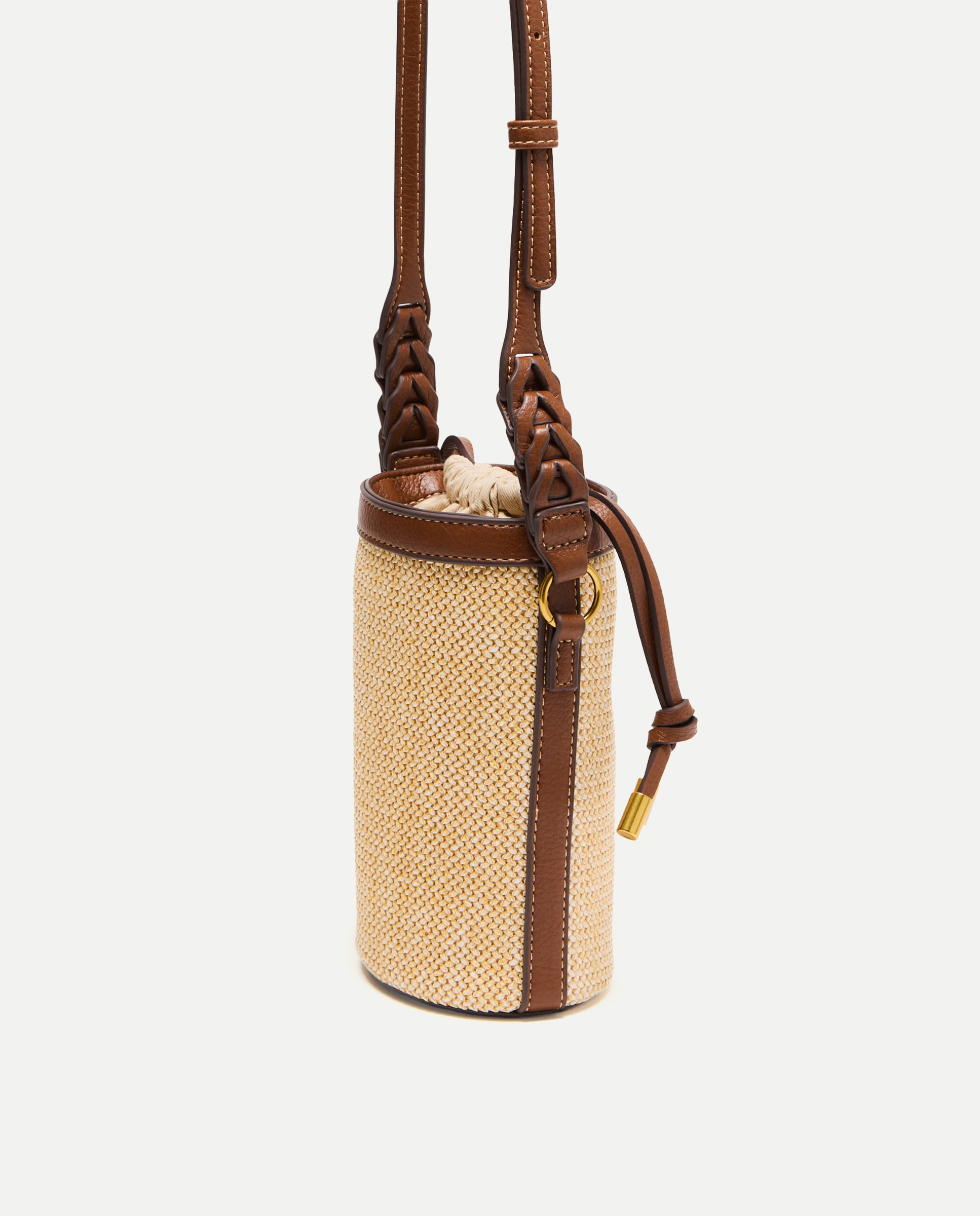 Mala Tipo Bucket com Efeito de Ráfia Bege-3