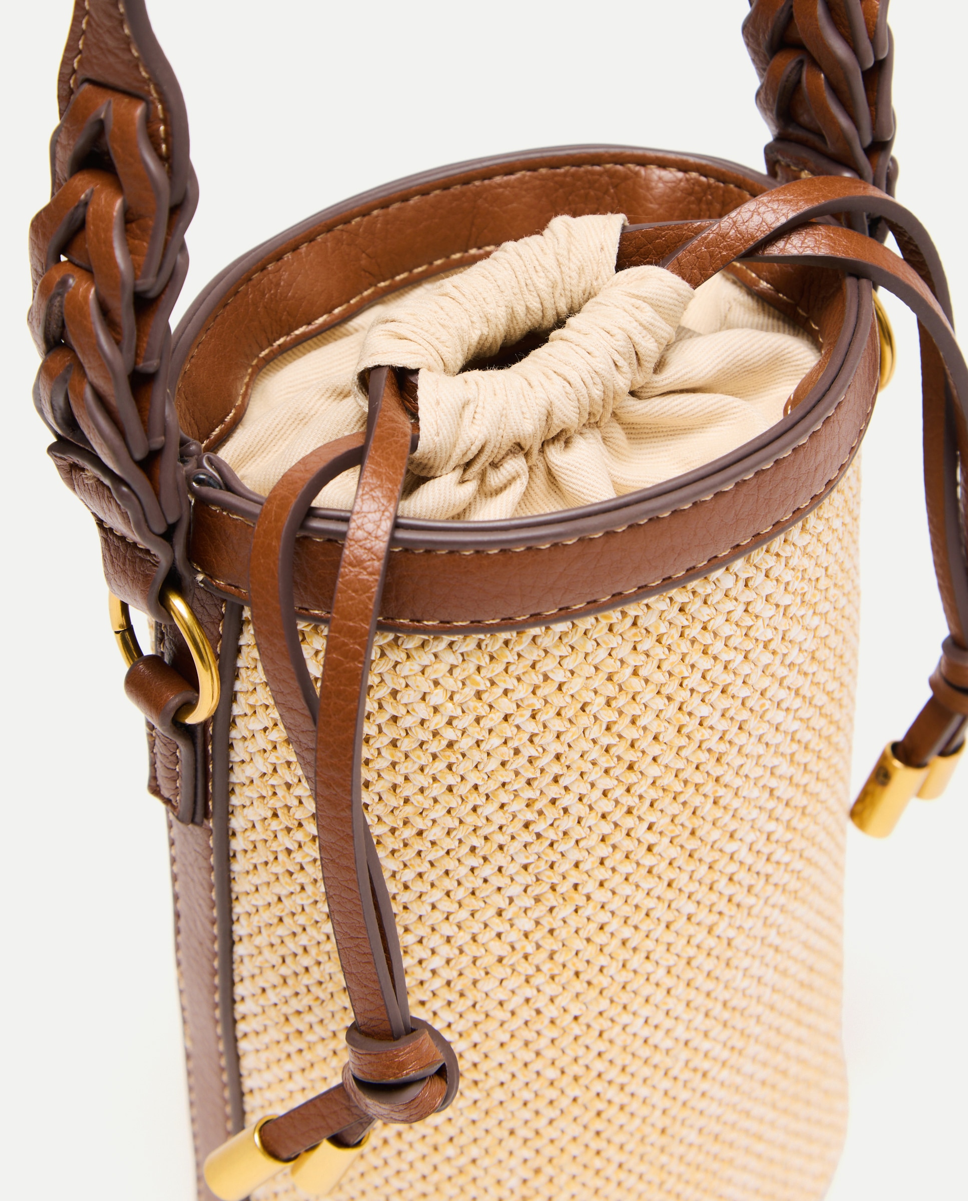 Mala Tipo Bucket com Efeito de Ráfia Bege-4