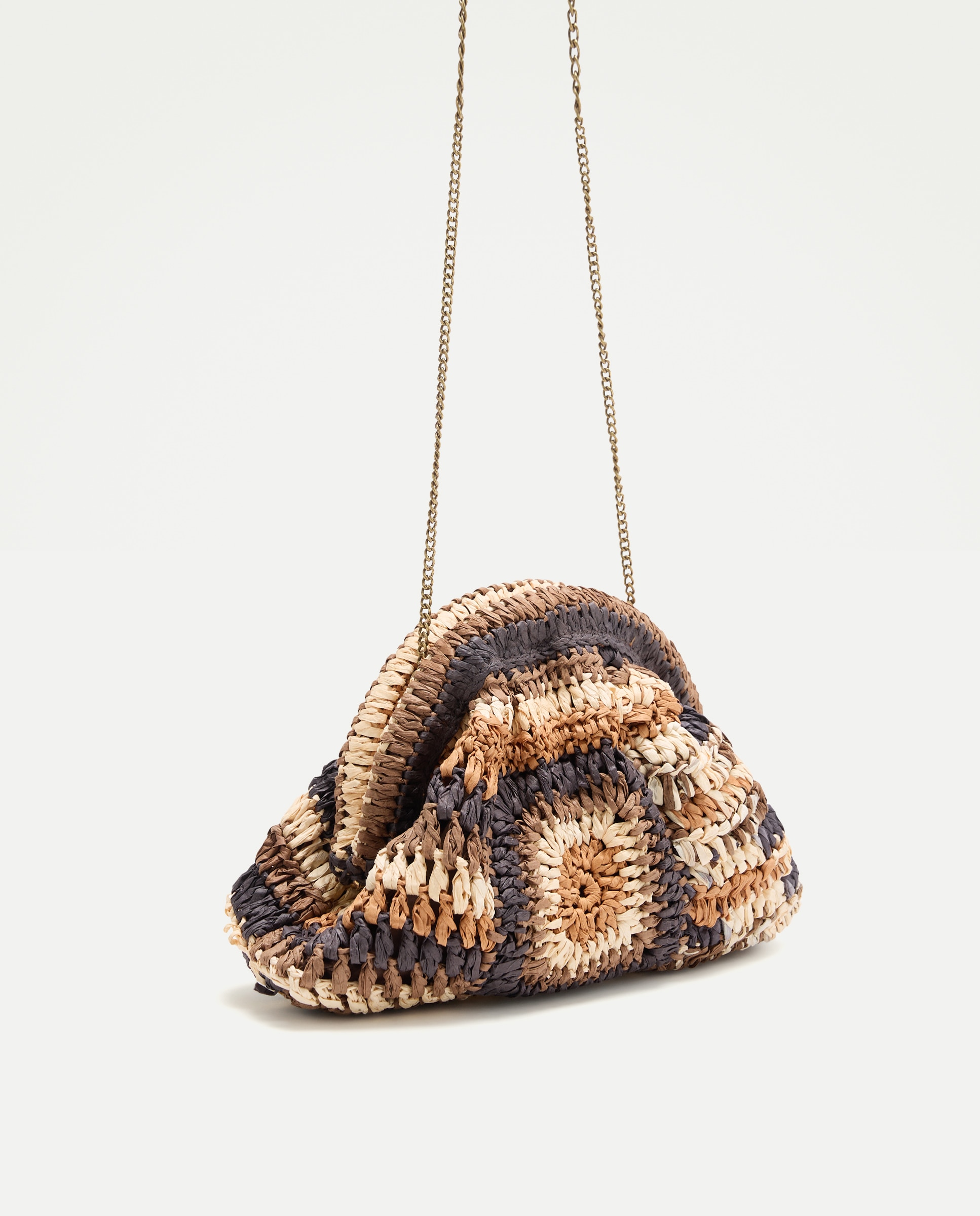 Mala Clutch com Corrente de Fibras Naturais e Patch Castanho-4