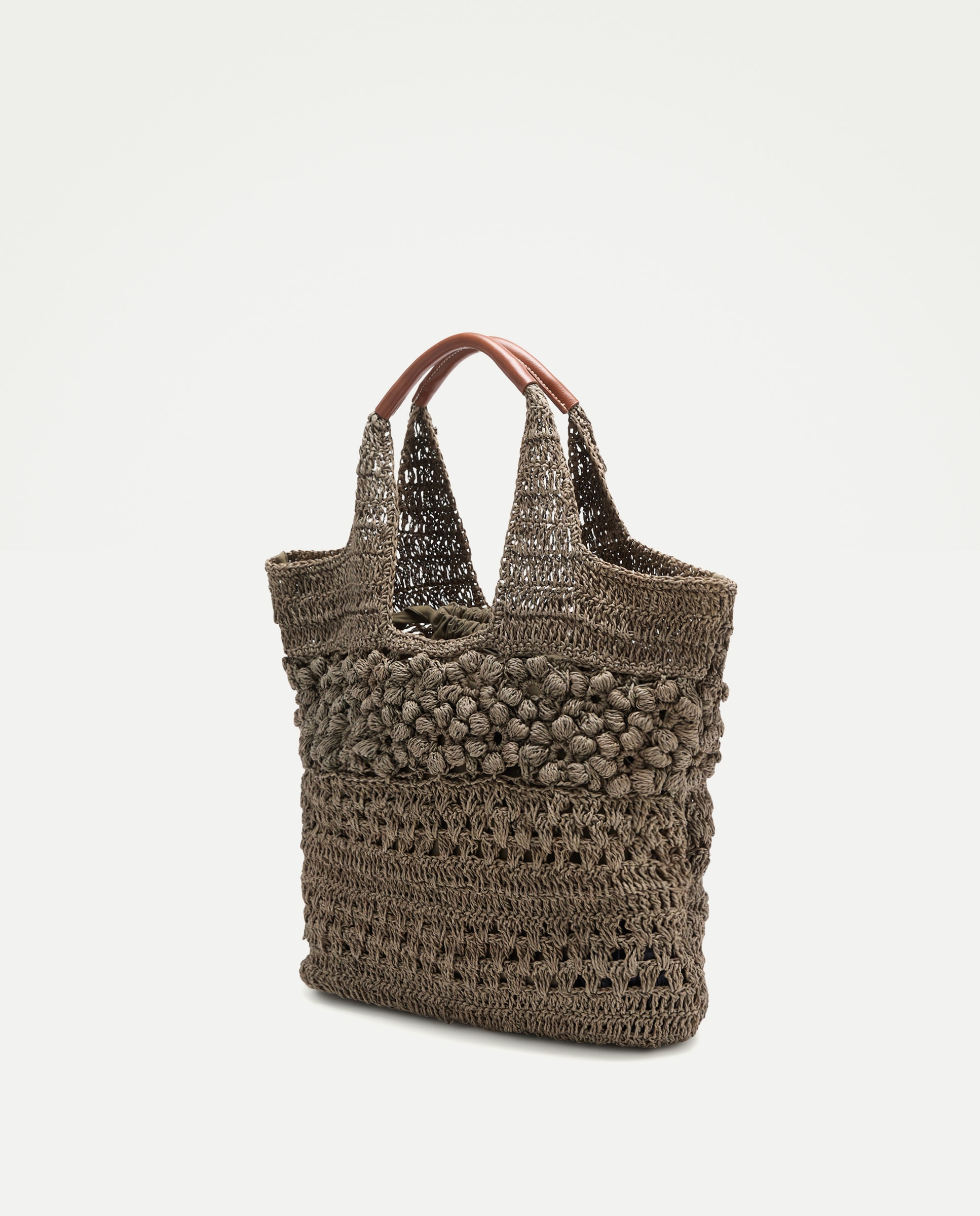 Mala Shopper Grande com Efeito de Ráfia e Estampado Floral 520 Caqui-2