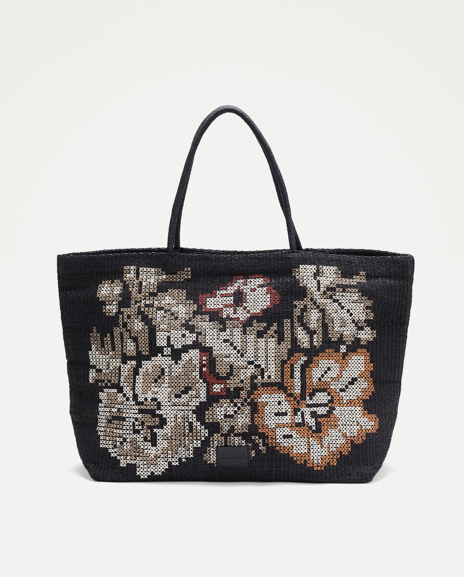 Mala Grande com Efeito de Ráfia e Estampado Floral 430 Azul Escuro-1